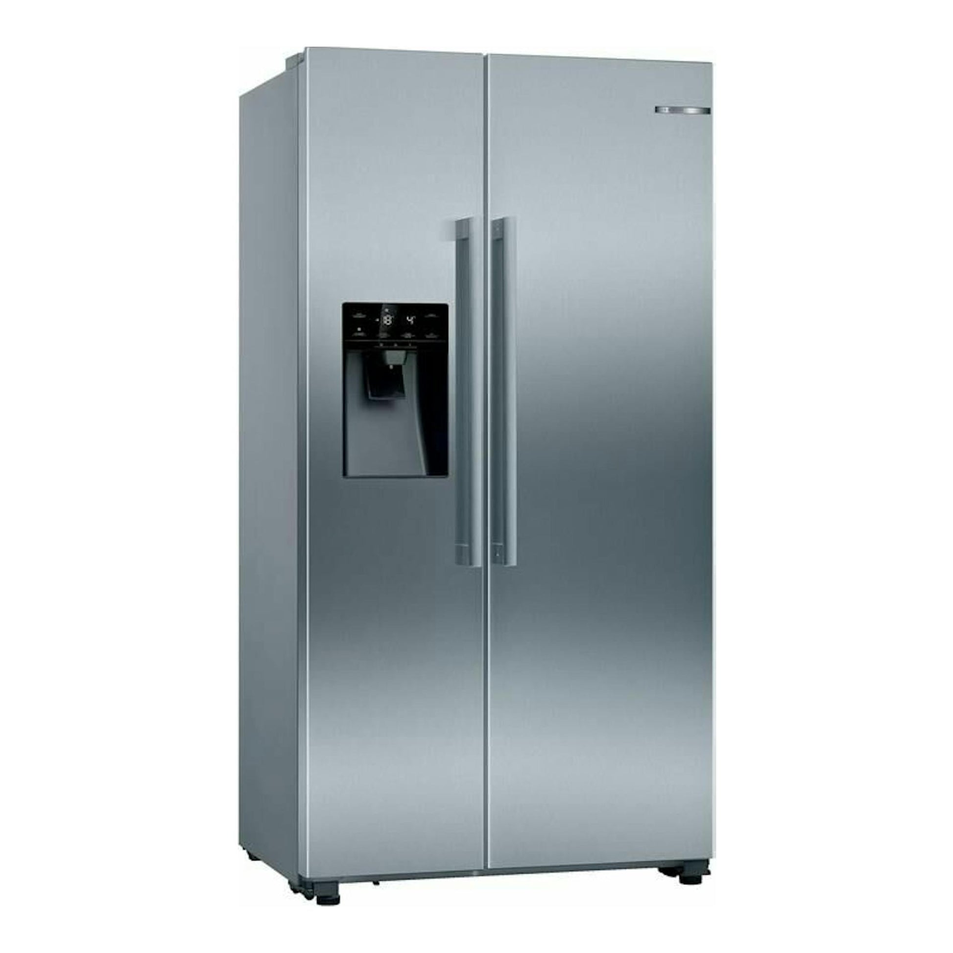 Frigorífico americano Bosch KAD93AIEP inox, vista frontal, con dos puertas y dispensador de agua.