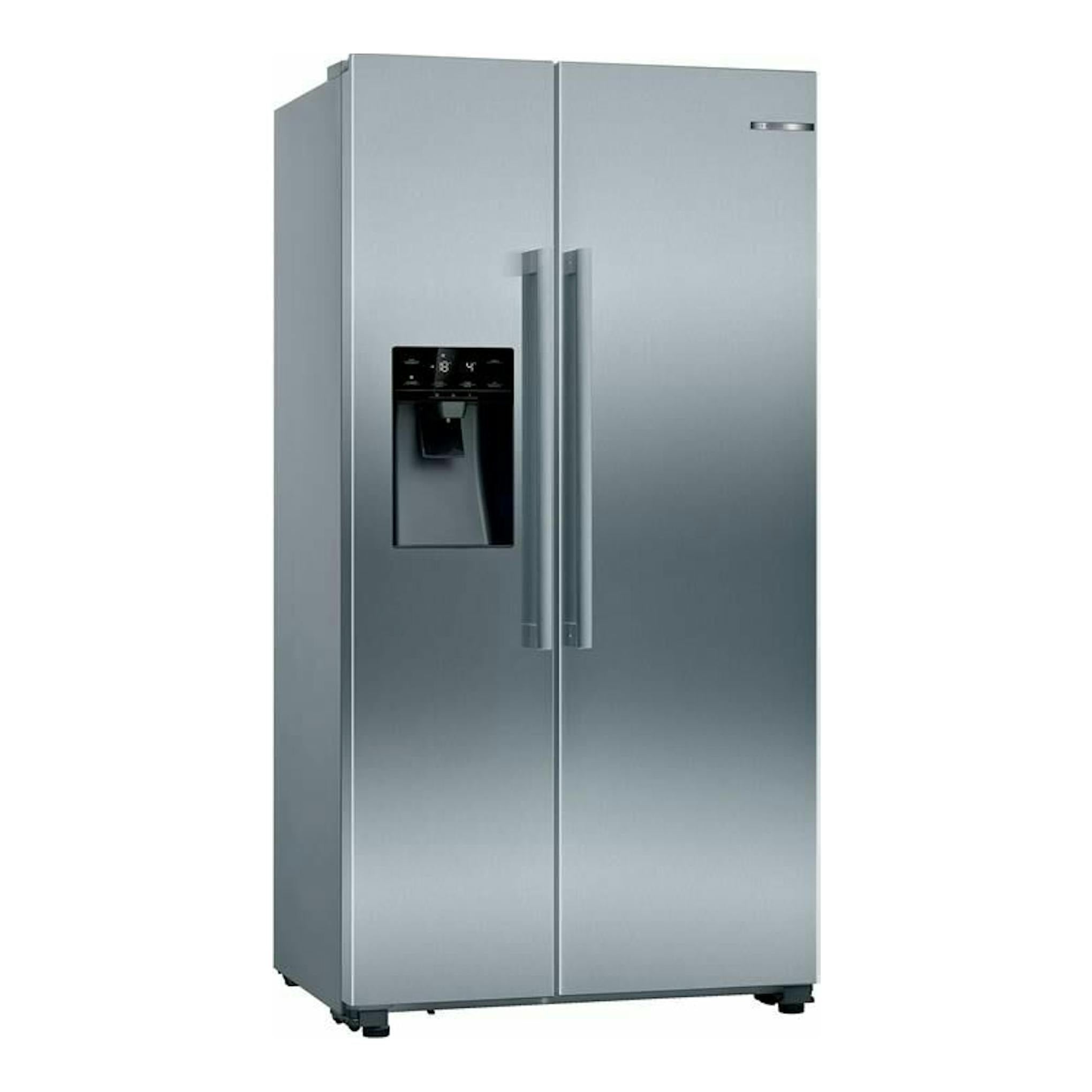 Frigorífico americano Bosch KAD93AIEP inox, vista frontal, con dos puertas y dispensador de agua.