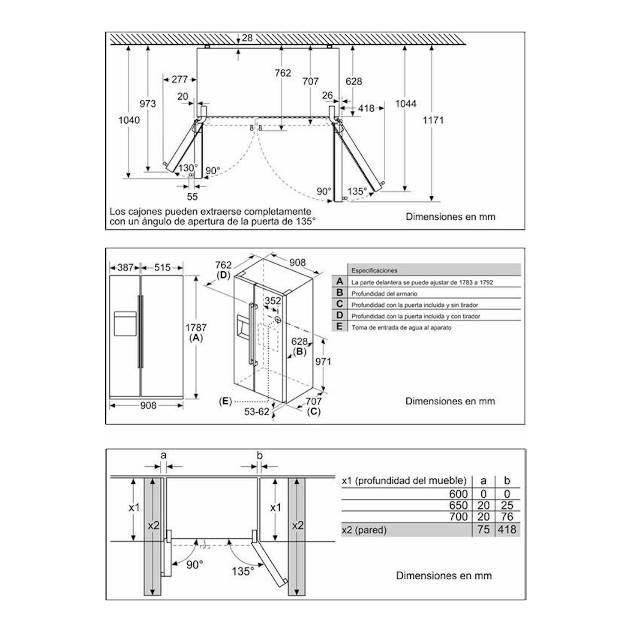 Bosch KAD93AIEP Inox: plano técnico con vistas frontal y lateral, dimensiones y ángulos de apertura.