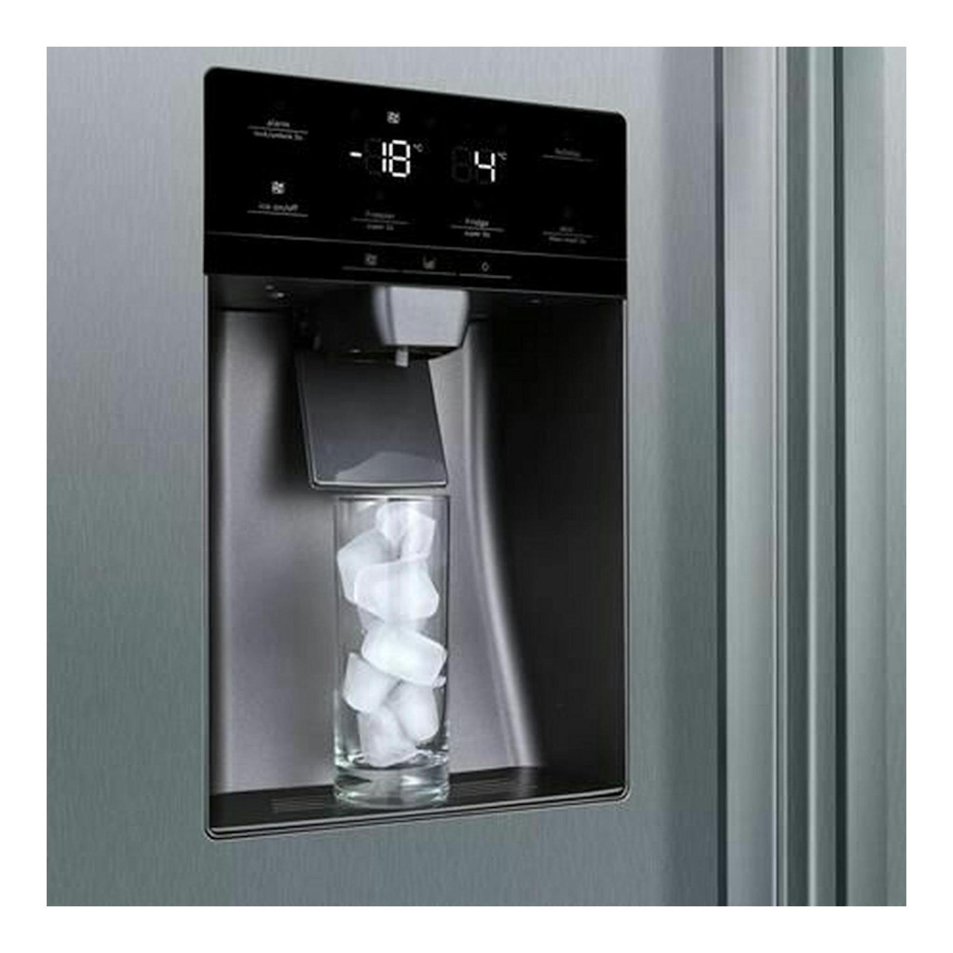 Frigorífico americano Bosch KAD93AIEP inox, vista frontal del dispensador de hielo con vaso y cubitos.