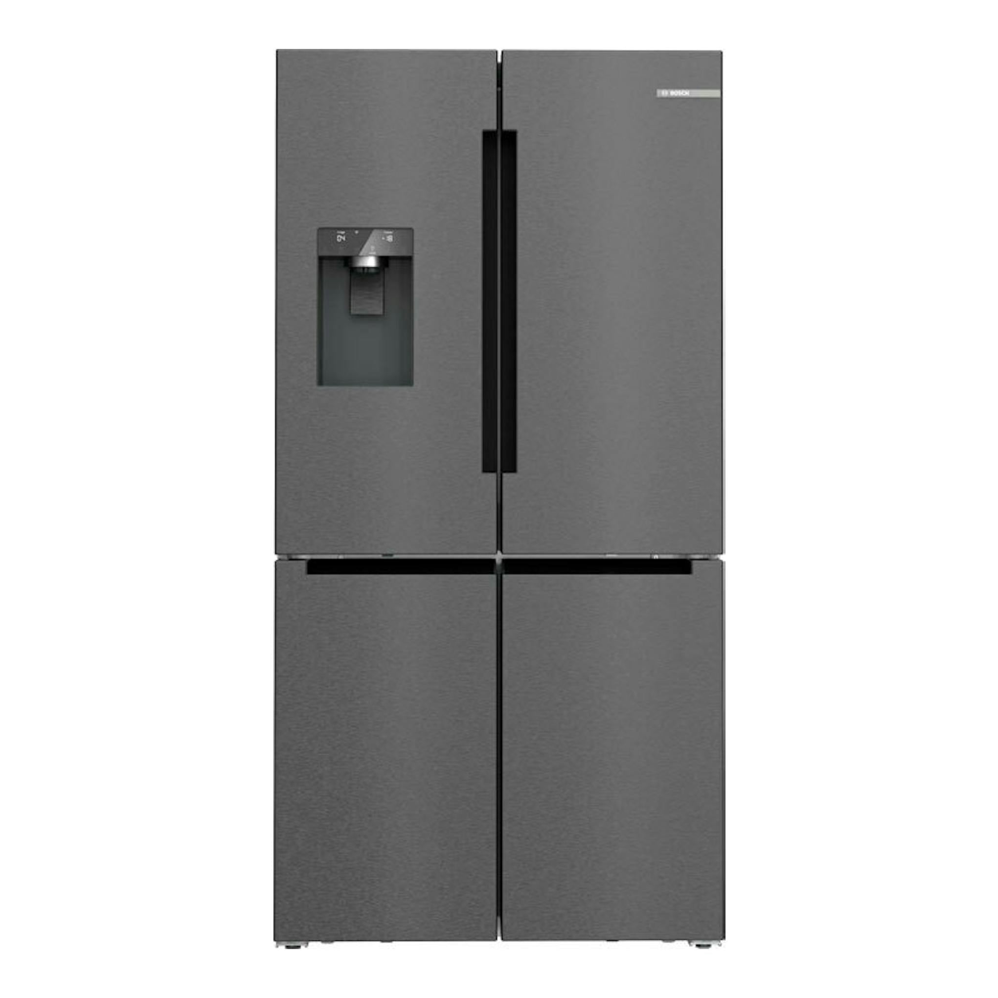 Frigorífico americano Bosch KFI96AXEA en acero negro cepillado, vista frontal de cuatro puertas.