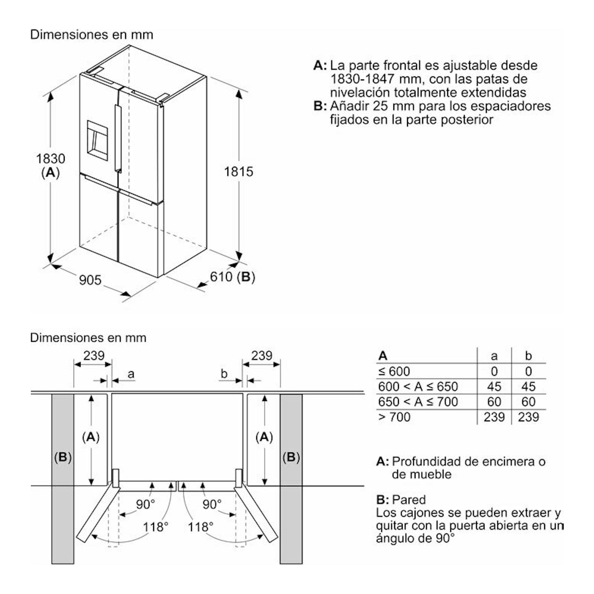 Bosch KFI96AXEA: esquema técnico en blanco y negro con vistas frontal y lateral del frigorífico americano.