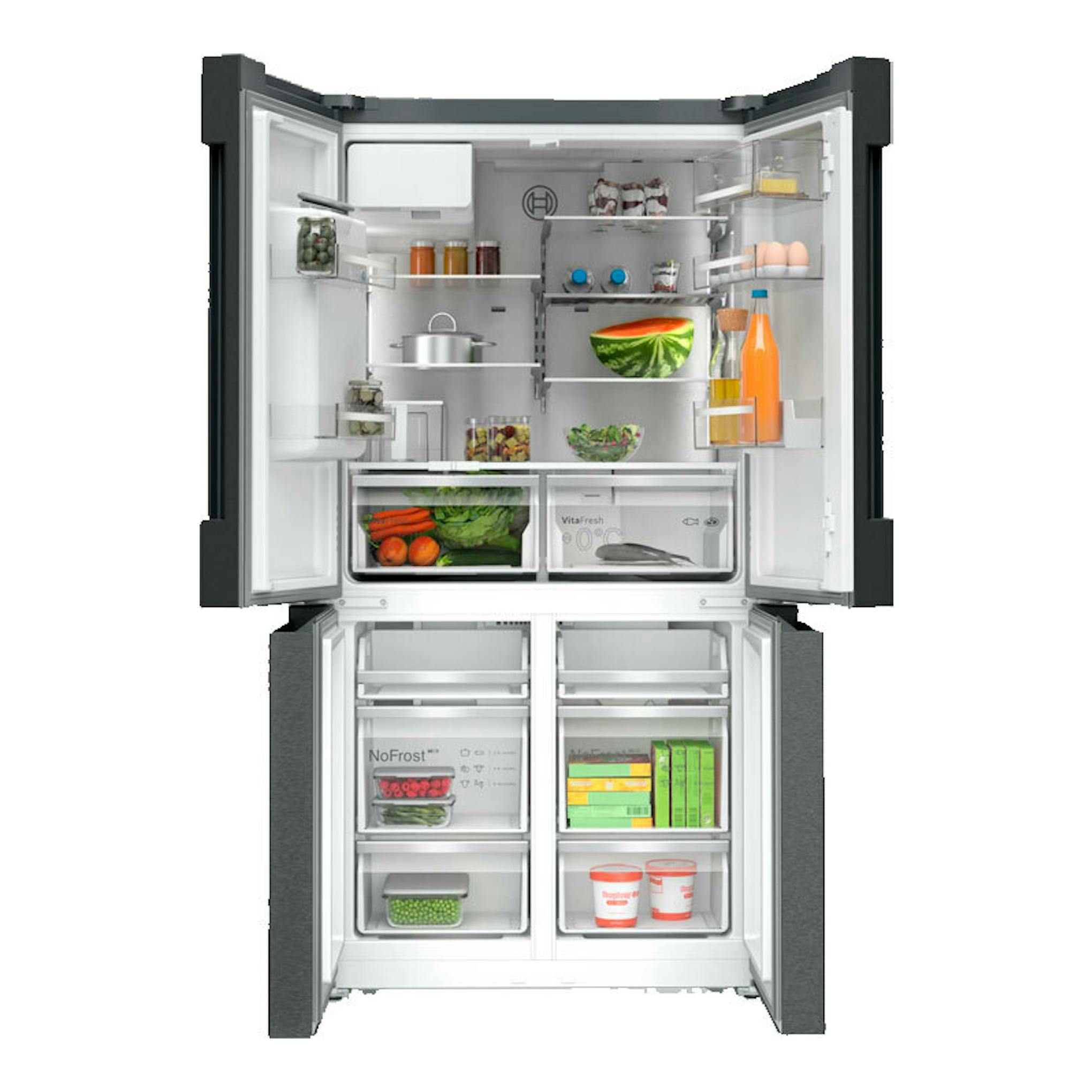 Frigorífico americano Bosch KFI96AXEA, vista frontal con puertas abiertas, acabado negro cepillado.
