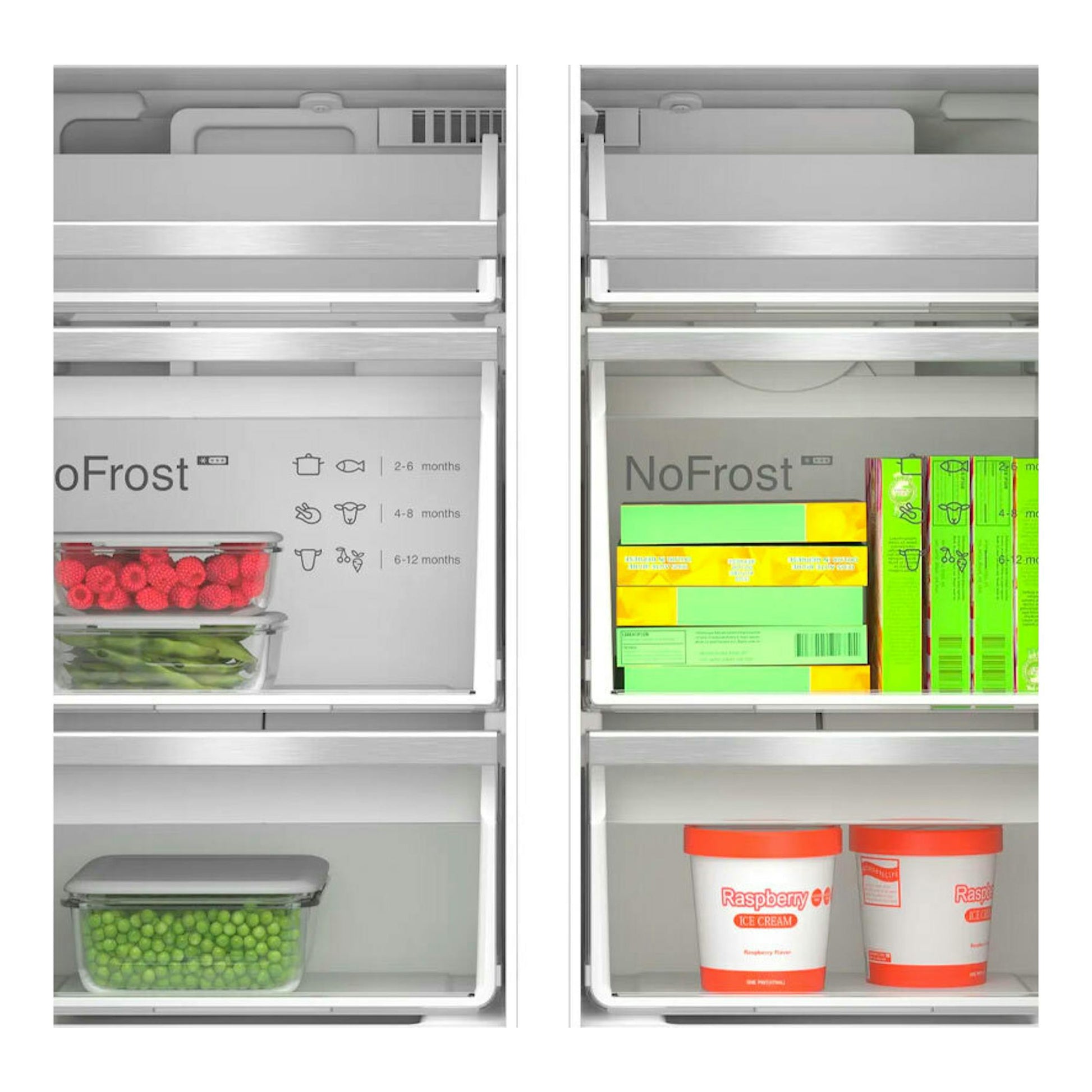 Interior frontal de frigorífico americano Bosch KFI96AXEA en acero negro, con cajones y estantes con alimentos.