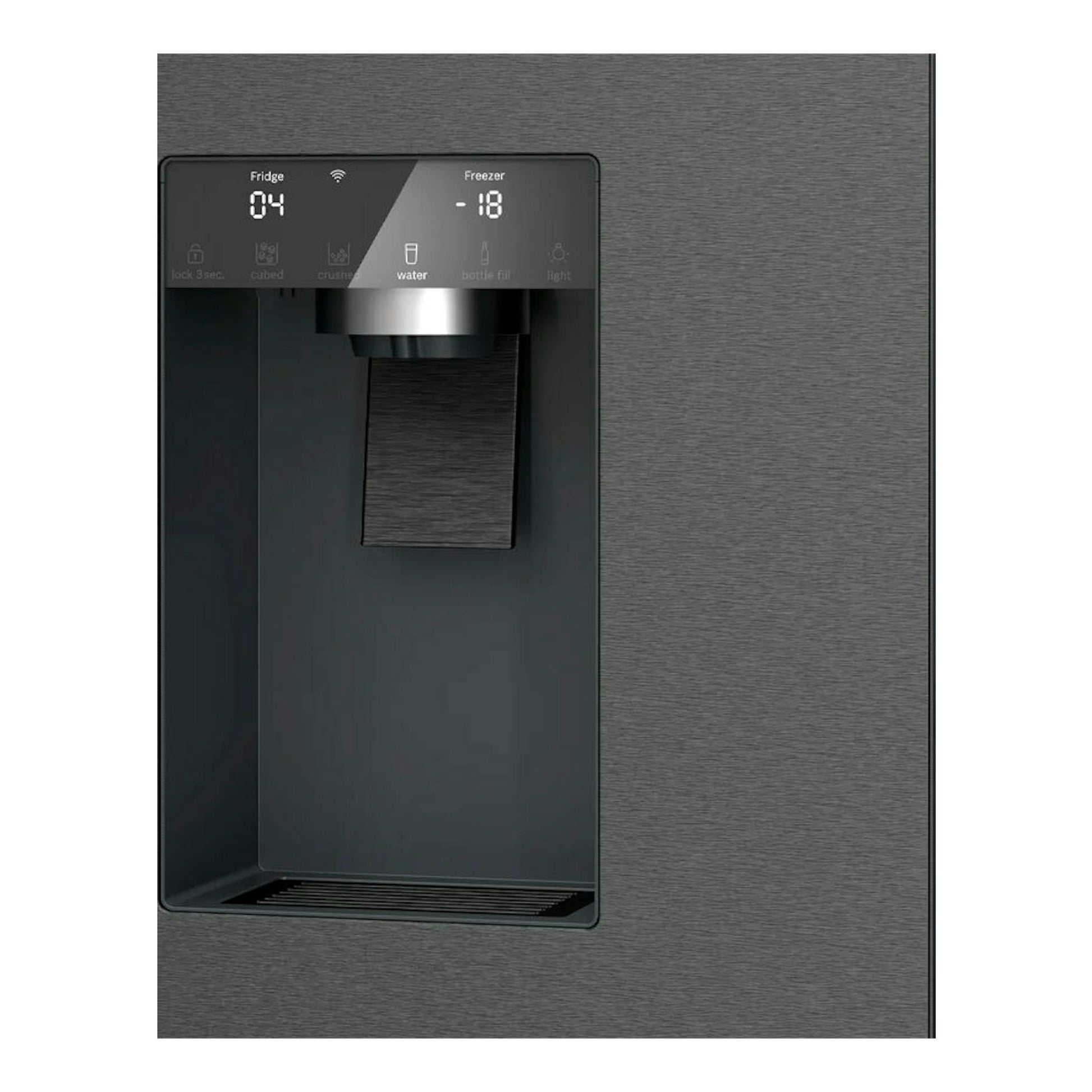 Bosch KFI96AXEA, vista frontal del dispensador de agua y hielo en acero negro cepillado.
