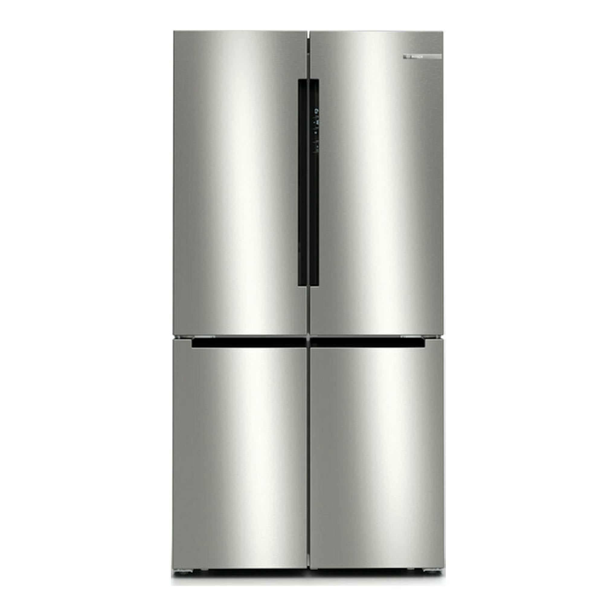 Frigorífico americano Bosch KFN96APEA en acero inoxidable, vista frontal, con cuatro puertas.