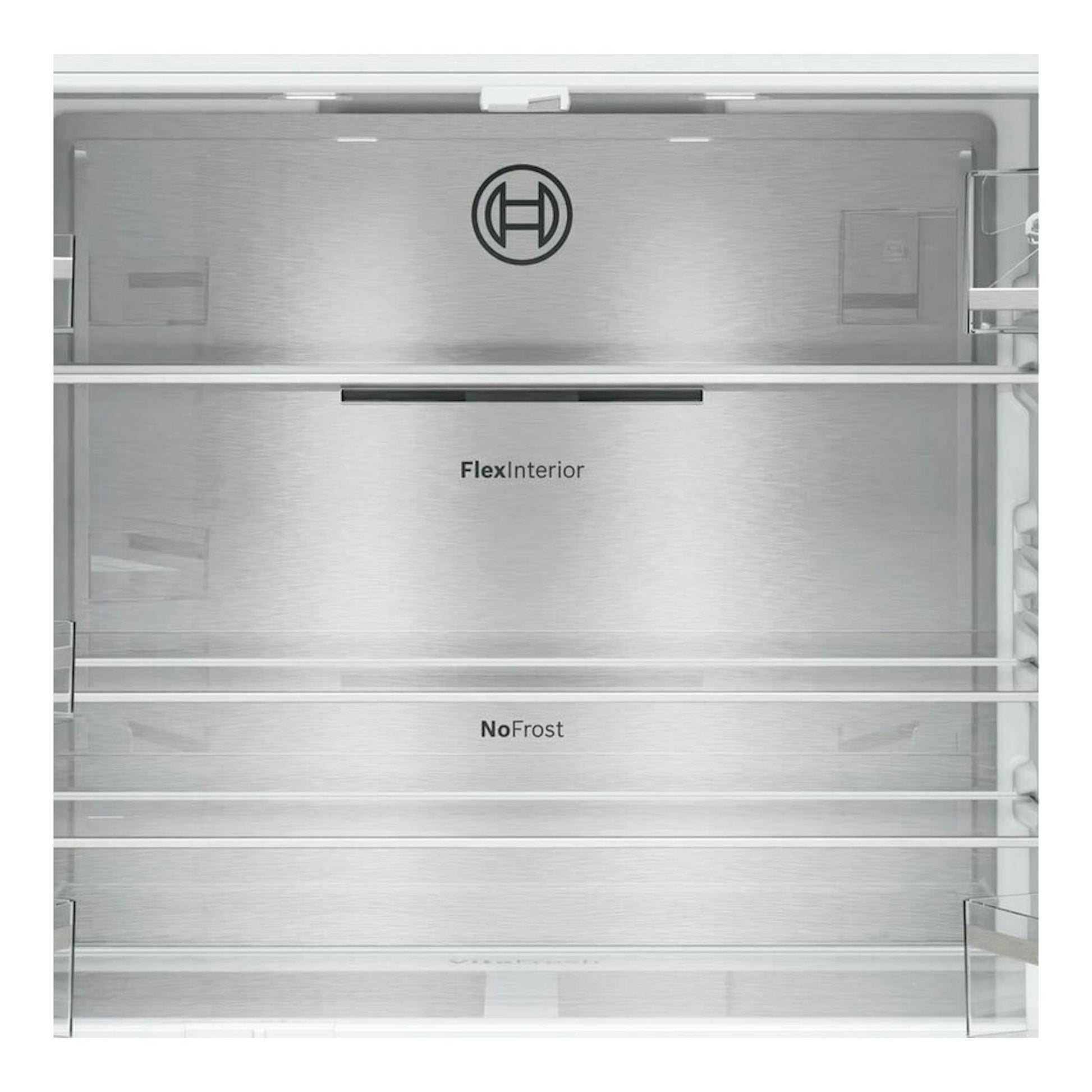Interior de frigorífico americano Bosch KFN96APEA inox, vista frontal, con paneles FlexInterior y NoFrost.