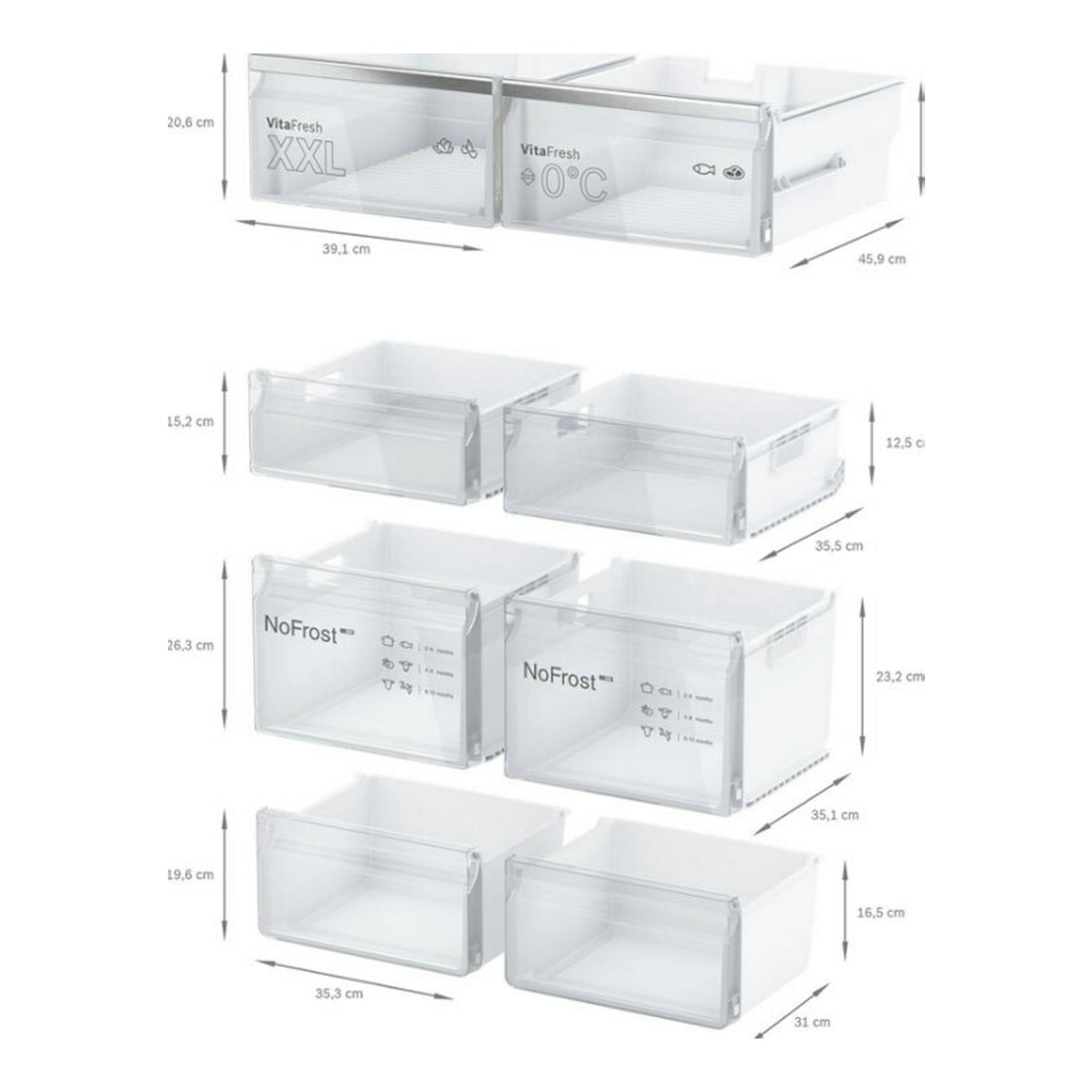 Bosch KFN96APEA: esquema de cajones transparentes del frigorífico con medidas en cm.
