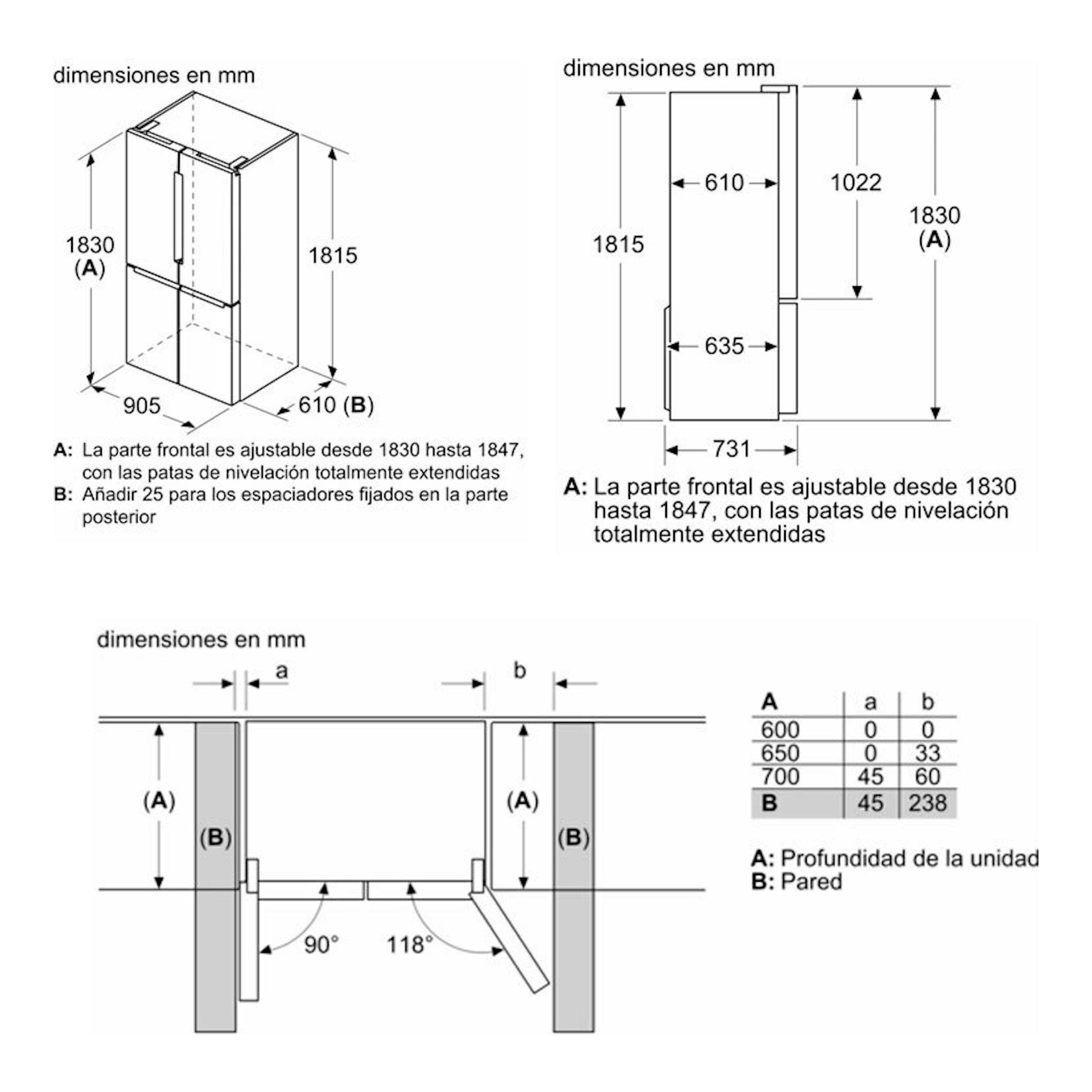 Bosch KFN96VPEA Inox, esquema técnico con vistas y medidas del frigorífico americano.