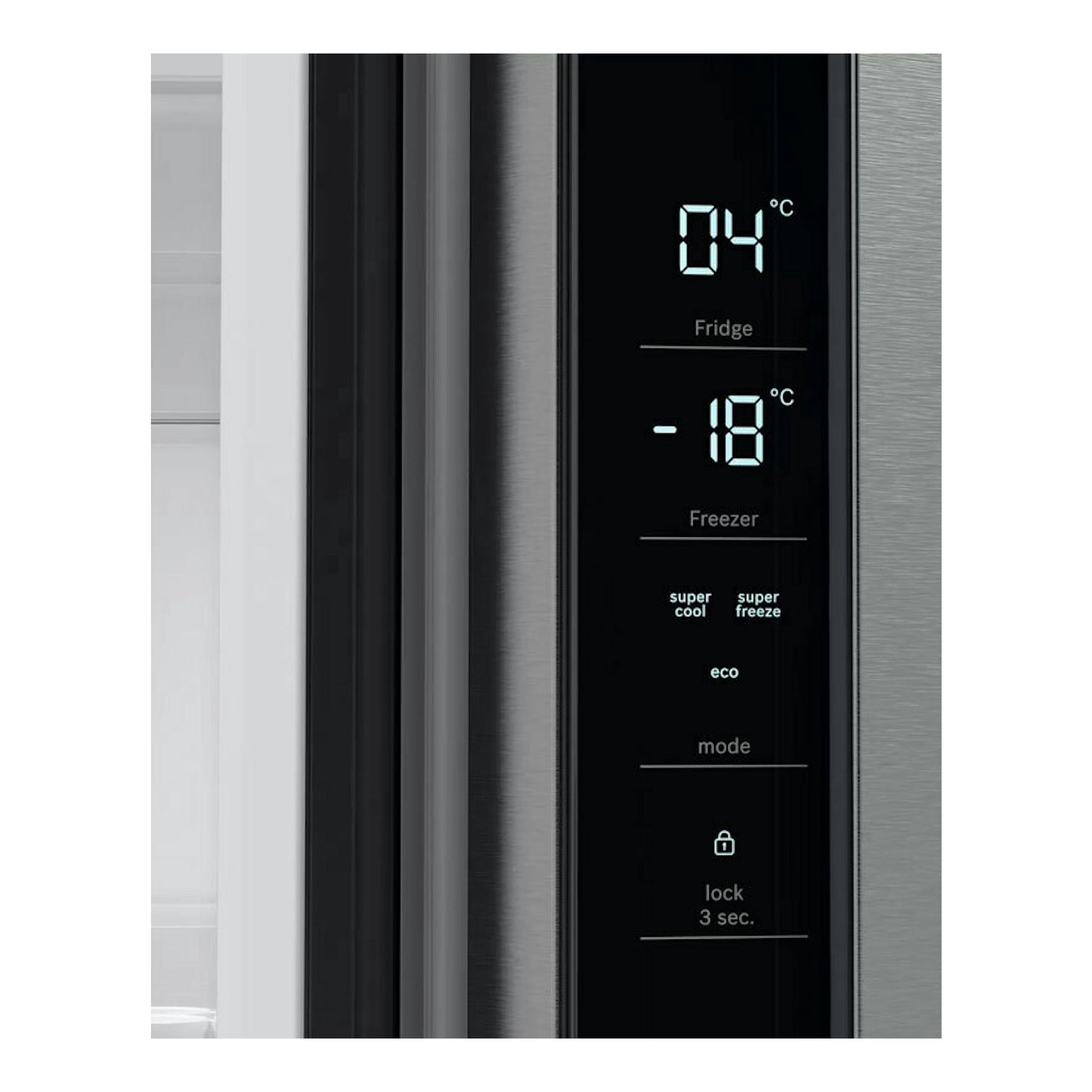Bosch KFN96VPEA Inox, primer plano frontal del panel táctil negro de un frigorífico americano, 4°C y -18°C.