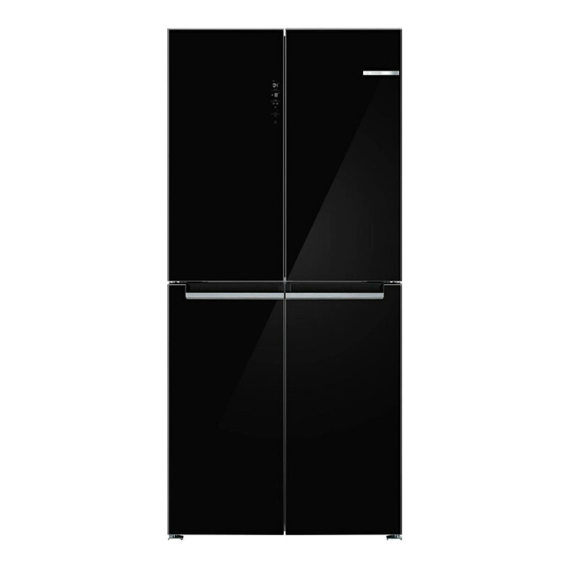 Frigorífico americano Bosch KMC85LBEA negro, vista frontal, de cuatro puertas y acabado brillante.