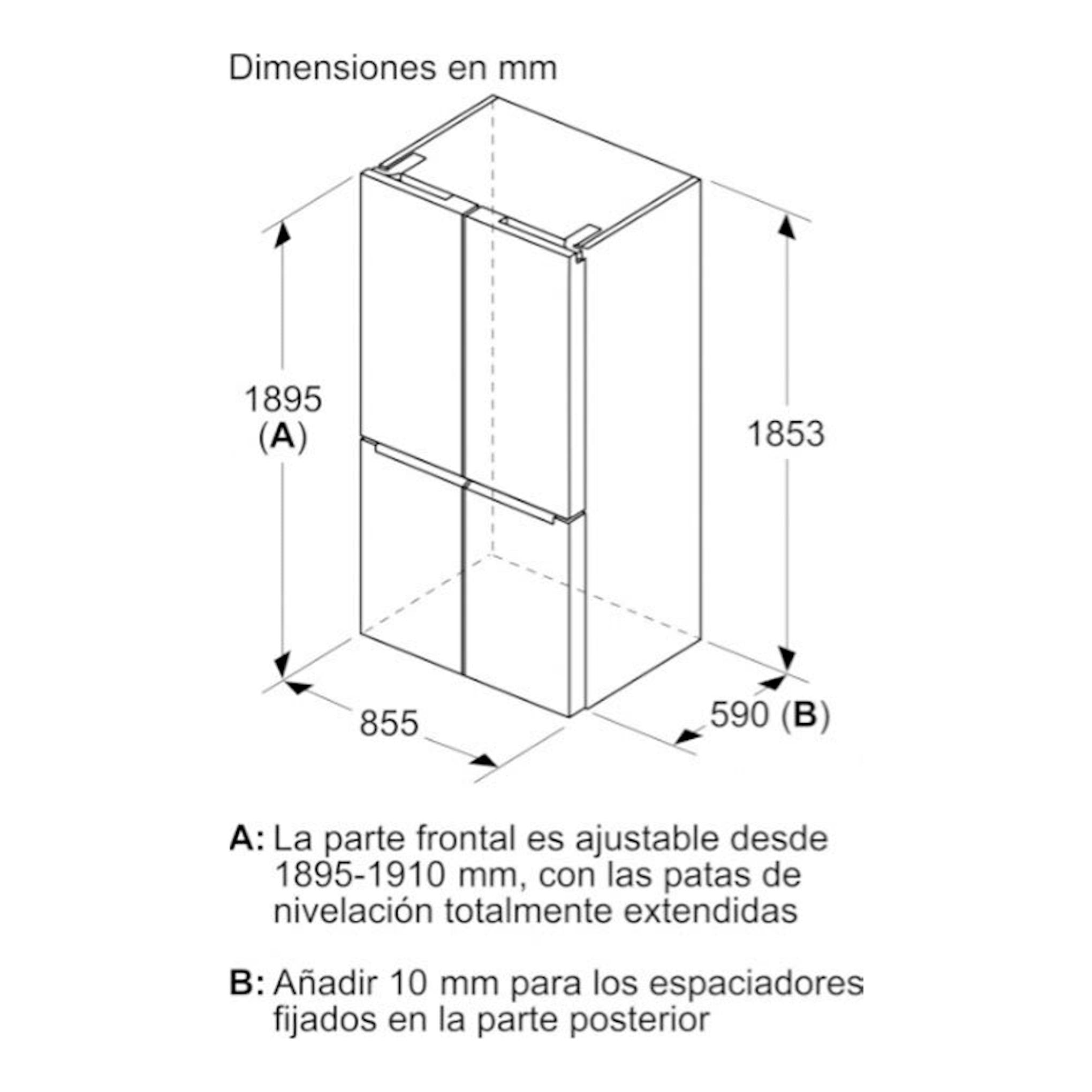 Bosch KMC85LBEA, frigorífico americano negro, vista esquemática frontal en perspectiva con medidas en mm.
