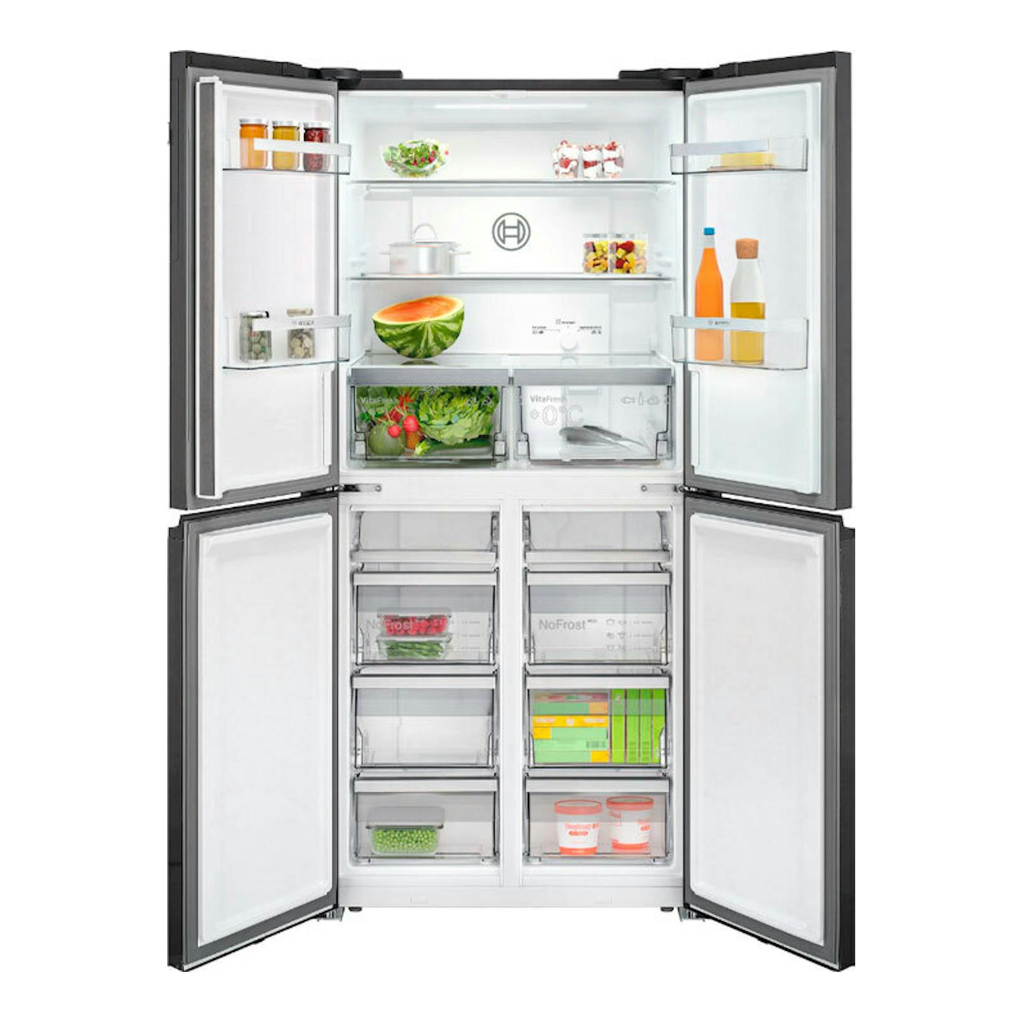 Frigorífico americano Bosch KMC85LBEA negro, vista frontal con puertas abiertas y compartimentos visibles.
