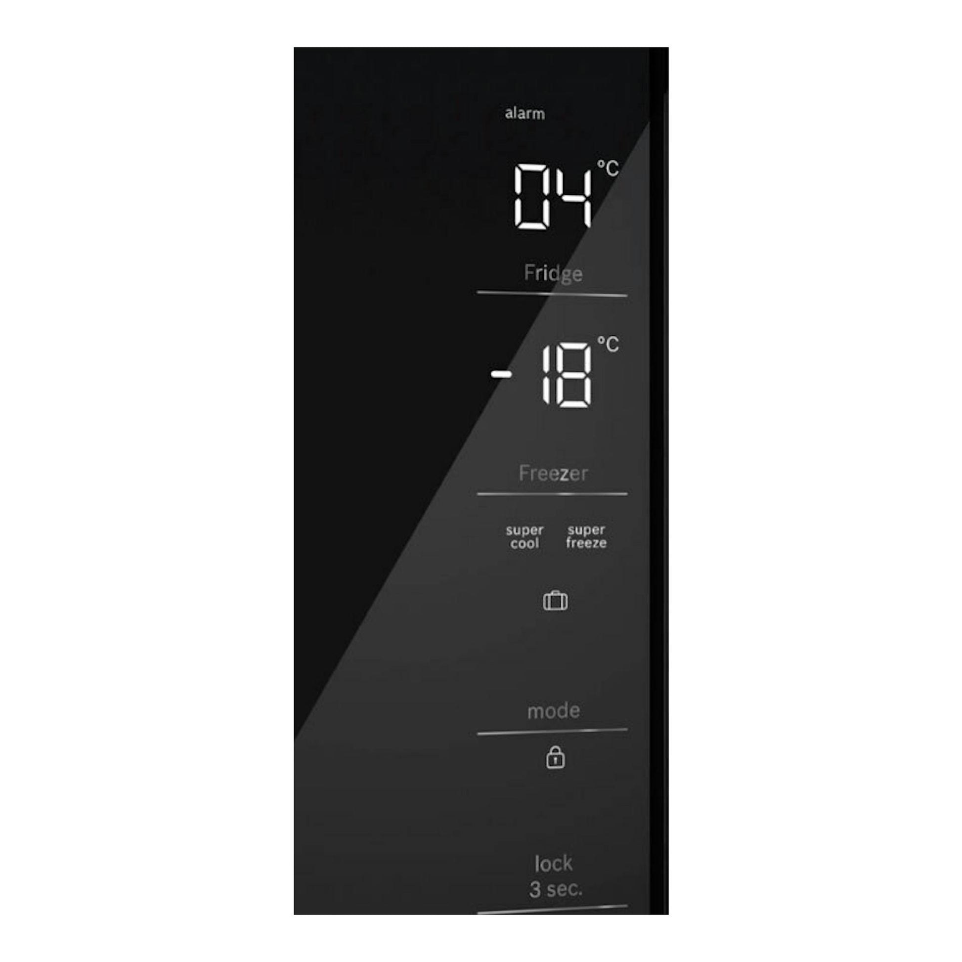 Primer plano del panel táctil negro de un frigorífico americano Bosch KMC85LBEA, con 4°C y -18°C.