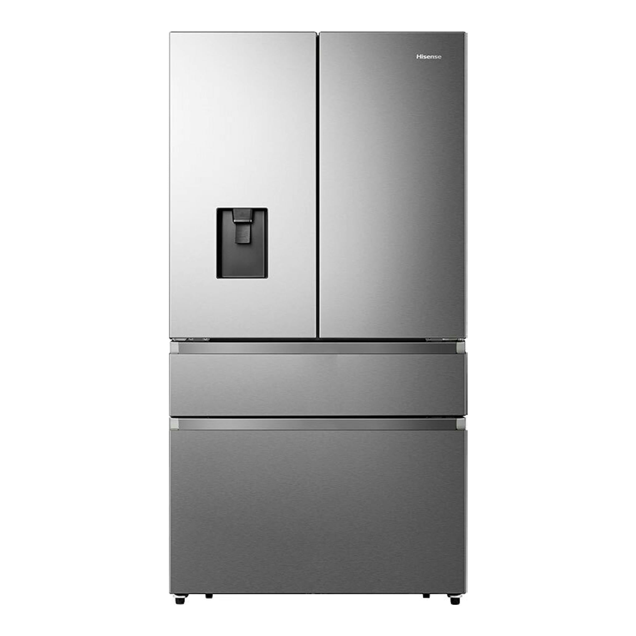 Frigorífico americano Hisense RF749N4SWSE inox, vista frontal, con doble puerta superior y dos cajones inferiores.