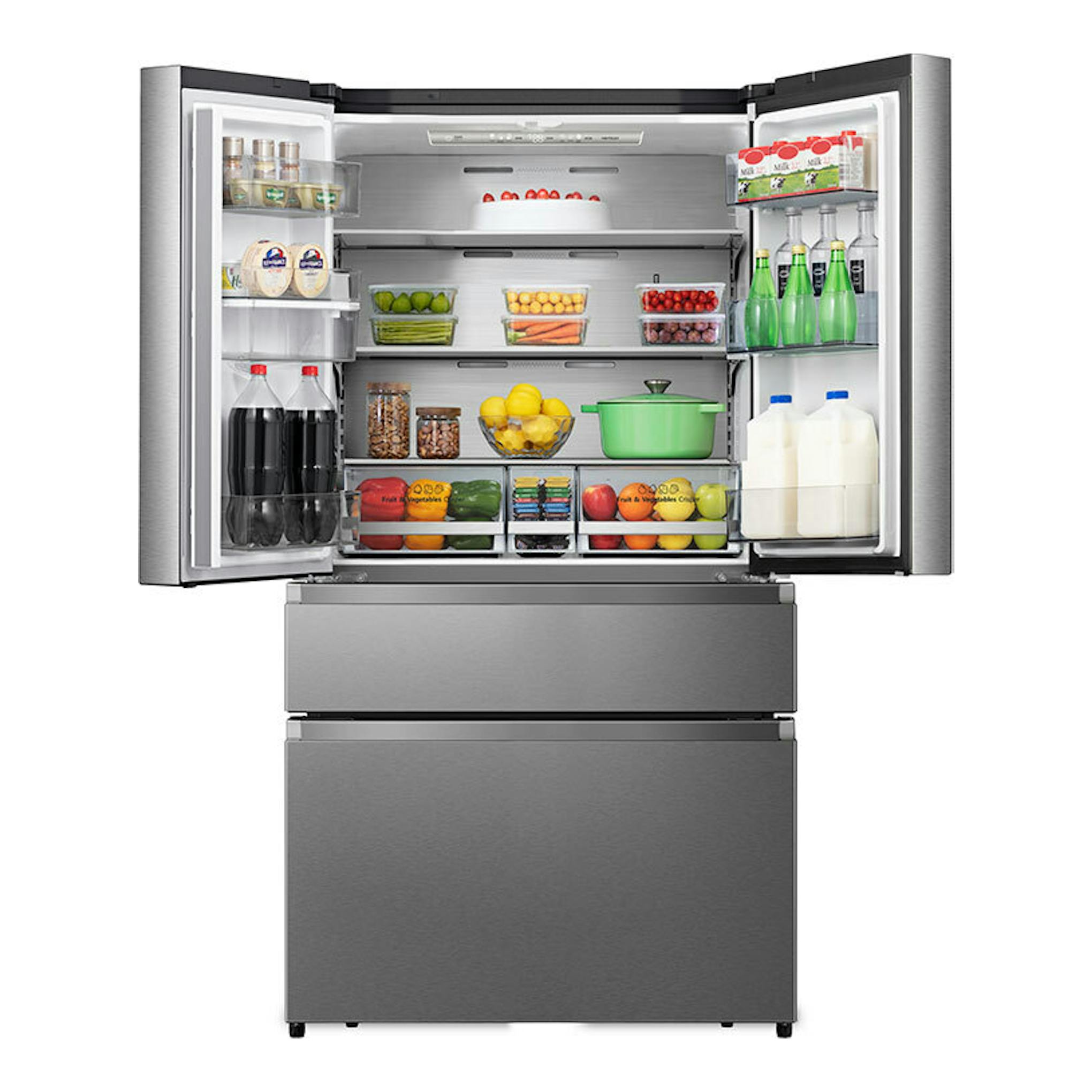 Frigorífico americano Hisense RF749N4SWSE inox, vista frontal con puertas abiertas y estantes llenos.