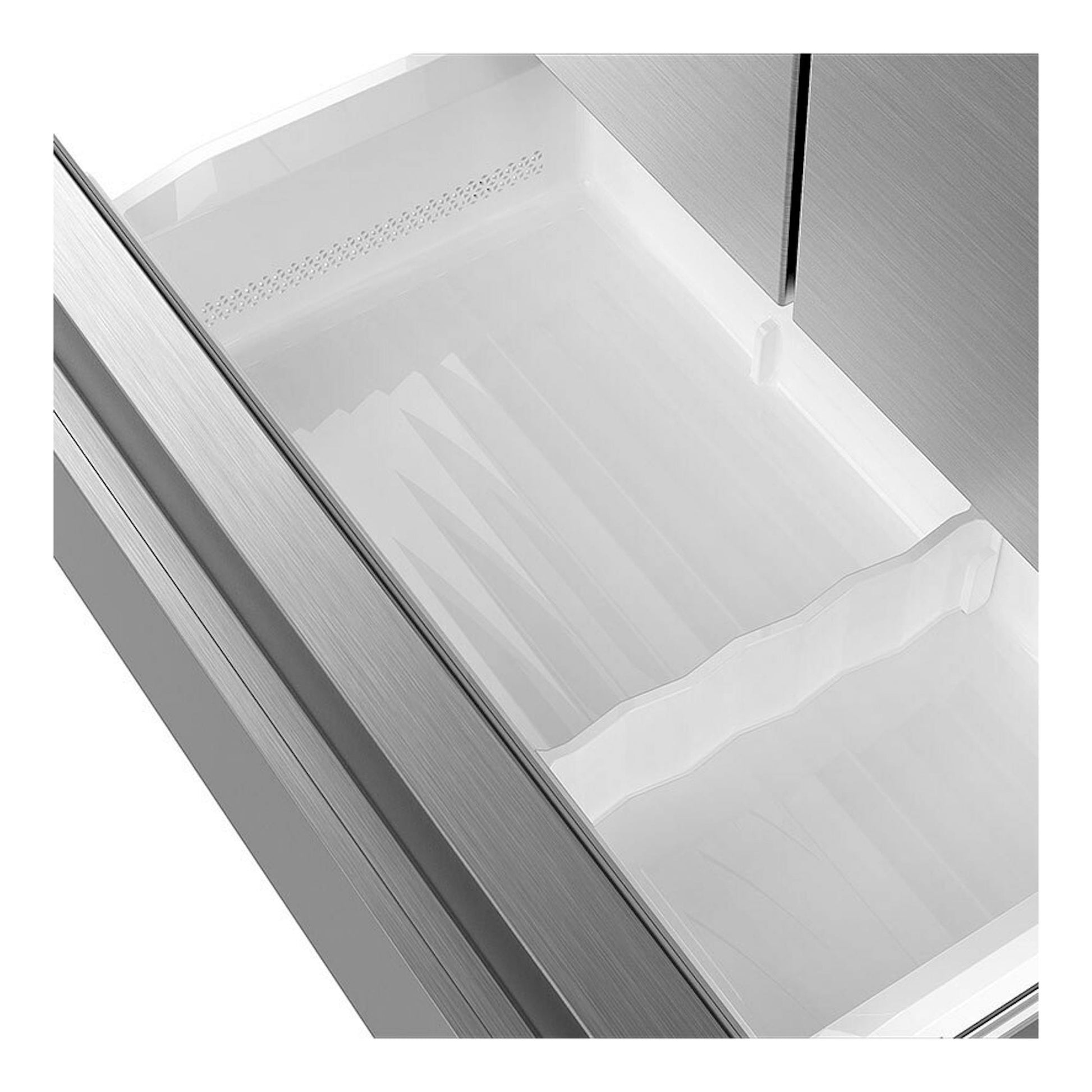 Frigorífico americano Hisense RF749N4SWSE inox, vista en primer plano del interior con cajón transparente.