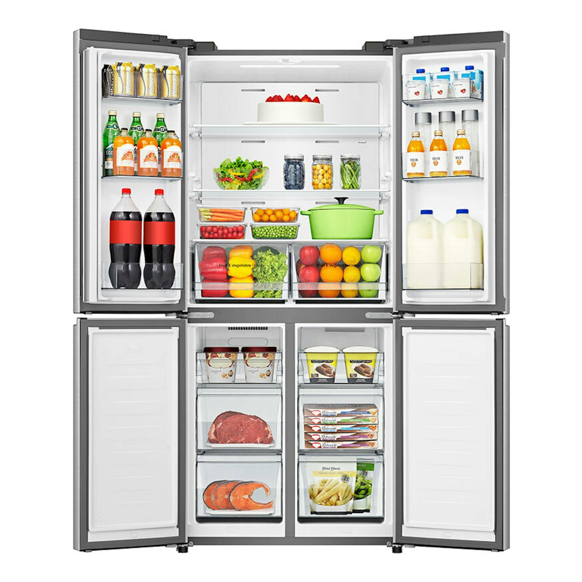 Frigorífico americano Hisense RQ5P470SEIE inox, vista frontal con puertas abiertas y compartimentos llenos.