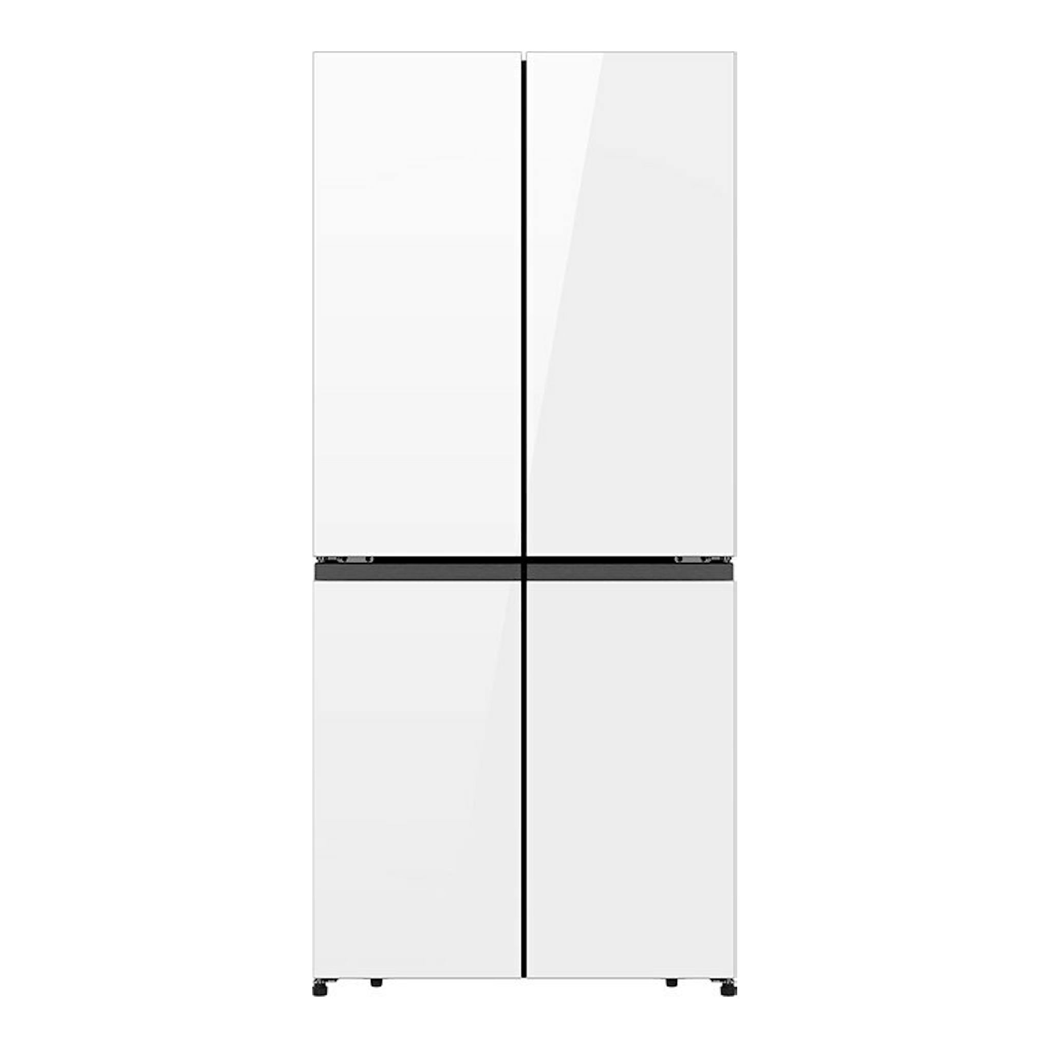 Frigorífico americano Hisense RQ5P470SETE blanco, vista frontal, cuatro puertas y franja central negra.