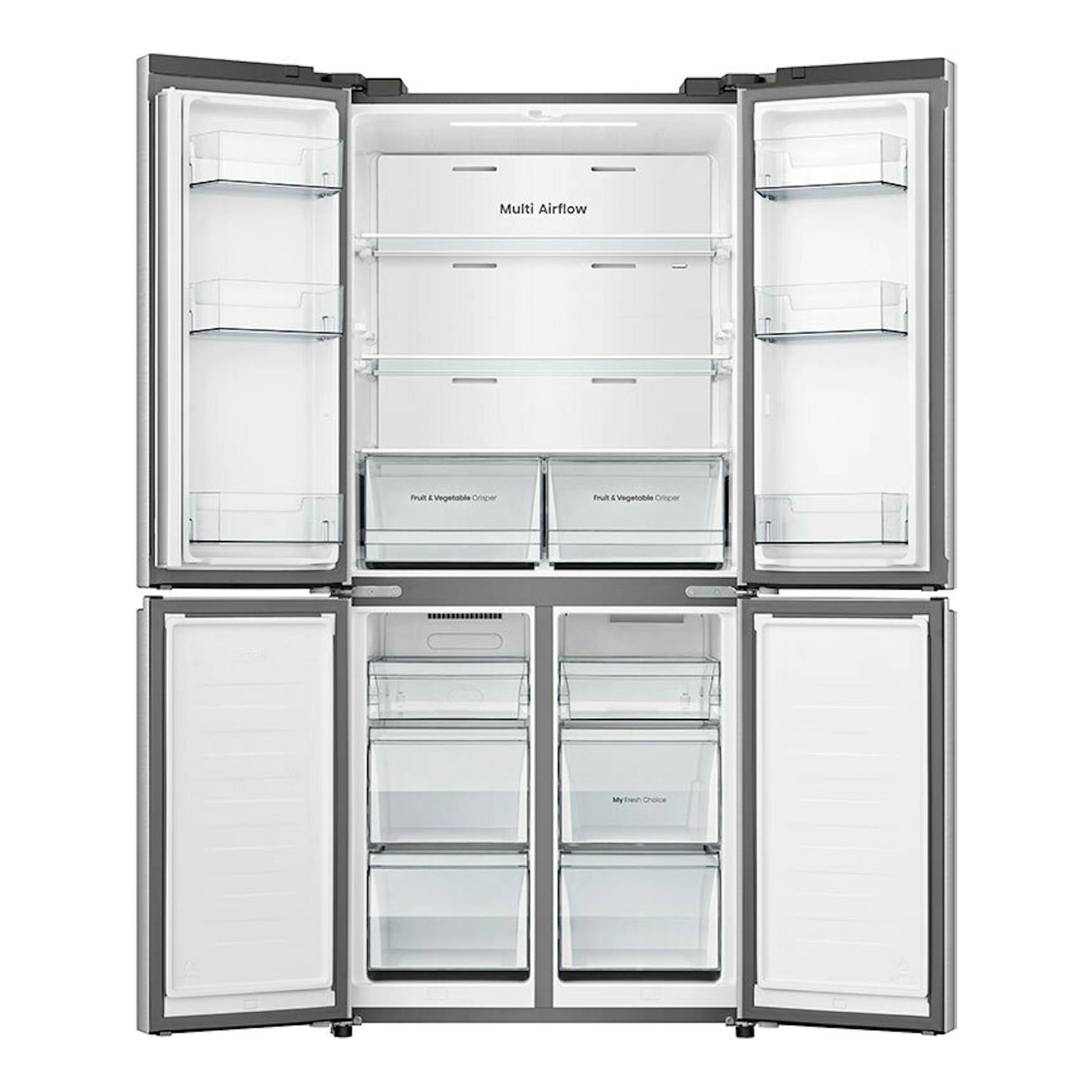Frigorífico americano Hisense RQ5P470SETE blanco, vista frontal con puertas abiertas e interior visible.