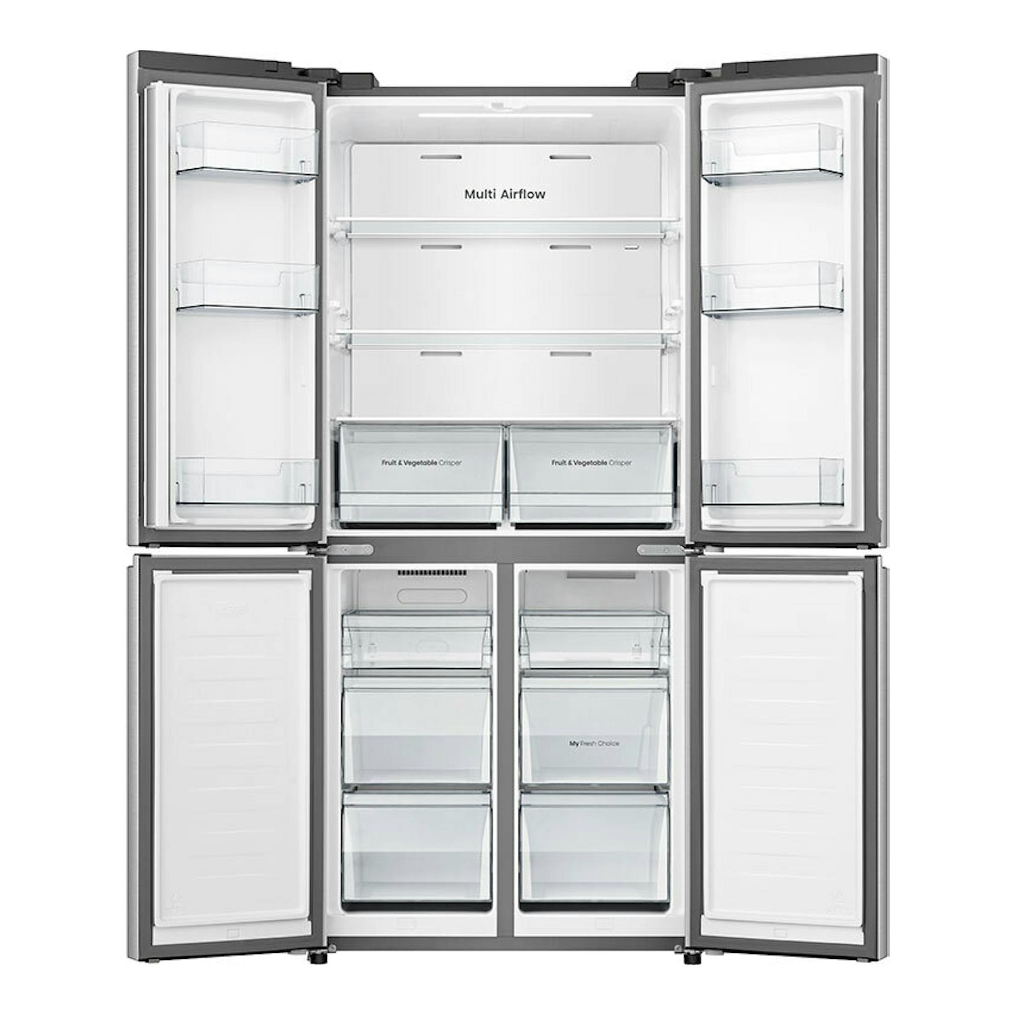 Frigorífico americano Hisense RQ5P470SETE blanco, vista frontal con puertas abiertas e interior visible.
