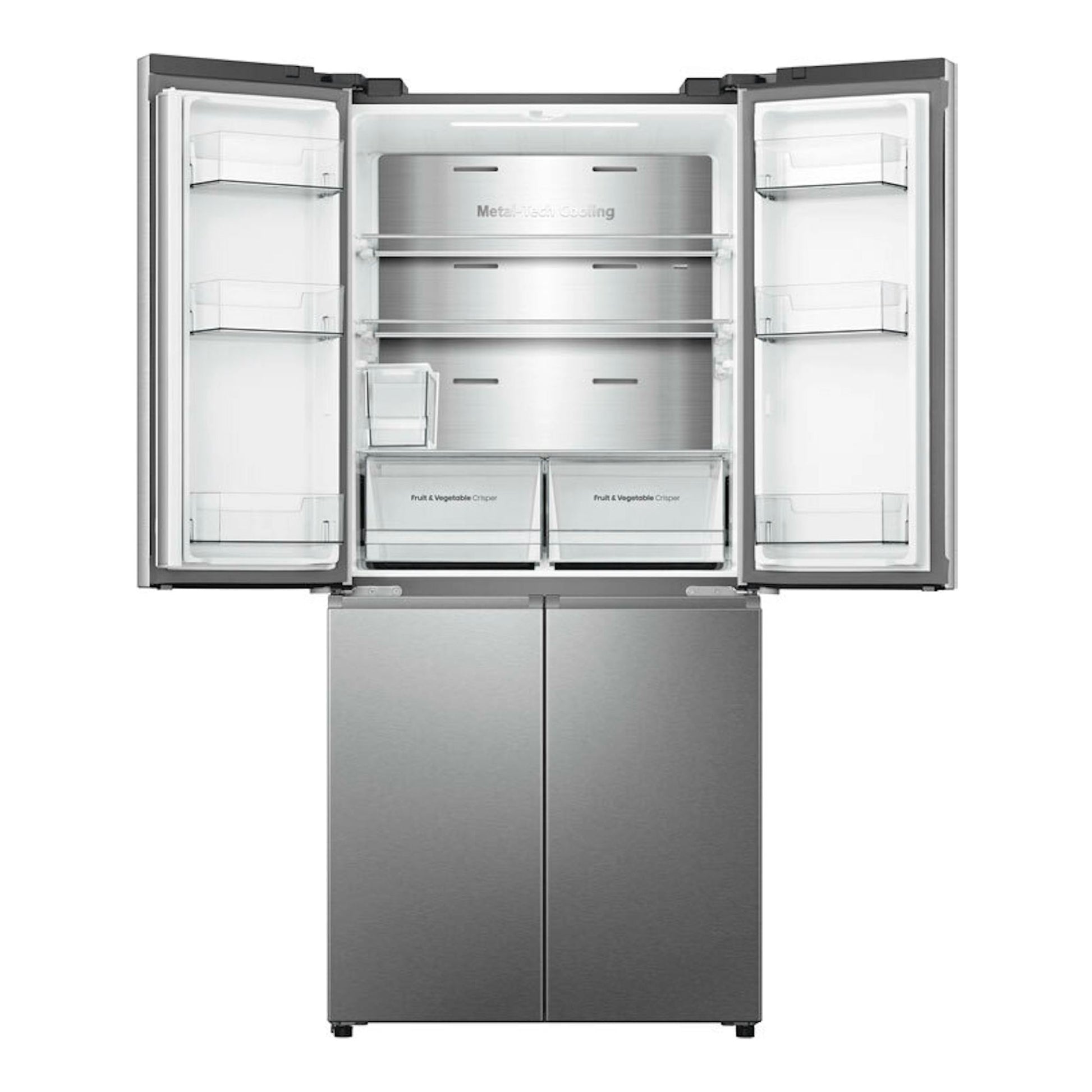 Frigorífico americano Hisense RQ5P470SYID inox, vista frontal con puertas abiertas y baldas interiores.