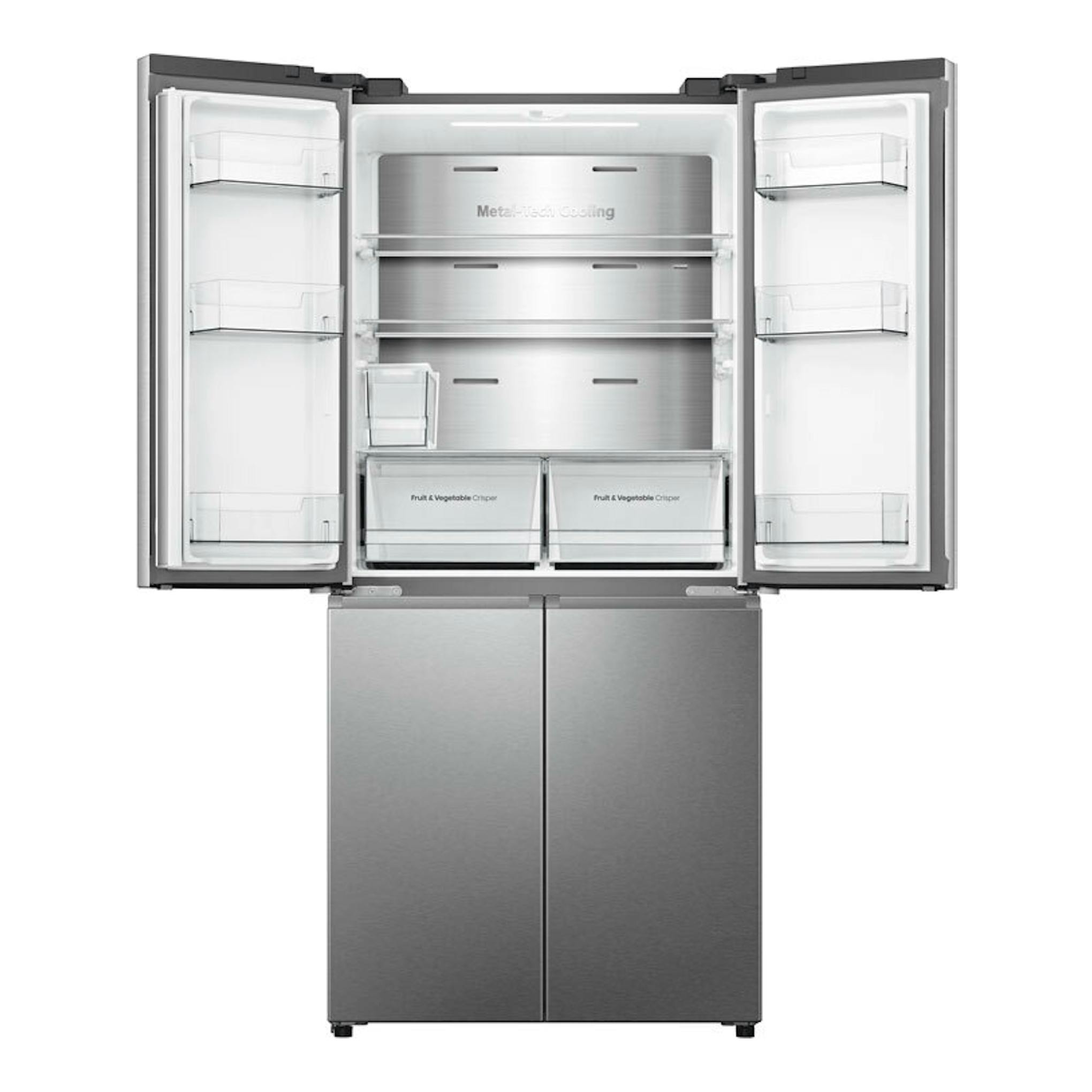 Frigorífico americano Hisense RQ5P470SYID inox, vista frontal con puertas abiertas y baldas interiores.