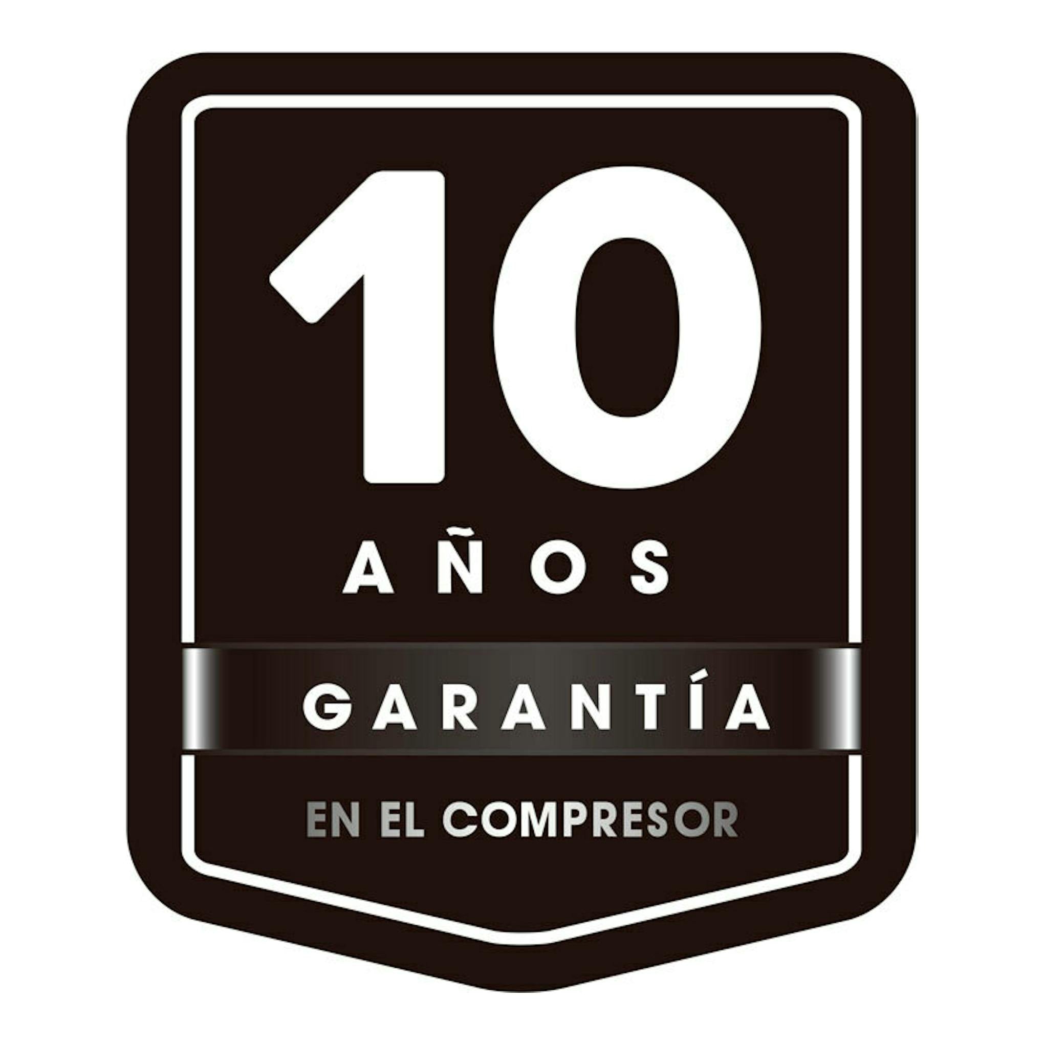 Sello negro de 10 años de garantía en el compresor, con texto blanco.