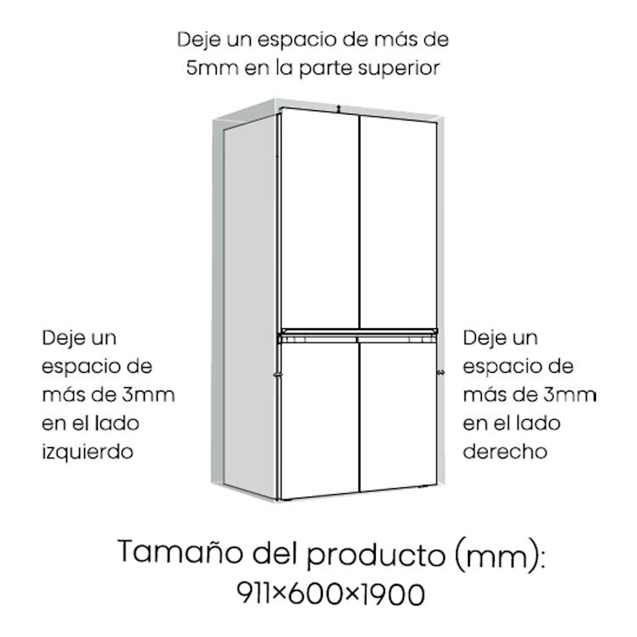 Esquema del frigorífico americano Hisense RQ5P605NSVE en inox, vista frontal, con holguras laterales.
