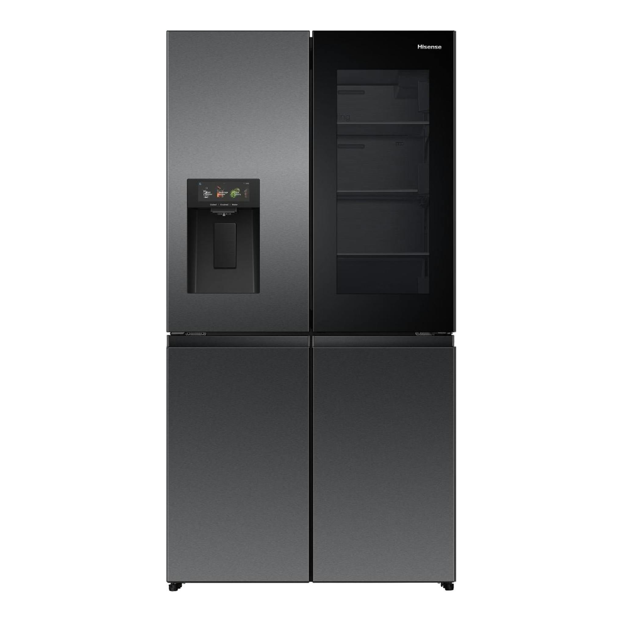 Frigorífico americano Hisense RQ600P7SKE, vista frontal, cuatro puertas gris oscuro y negro con dispensador de agua.