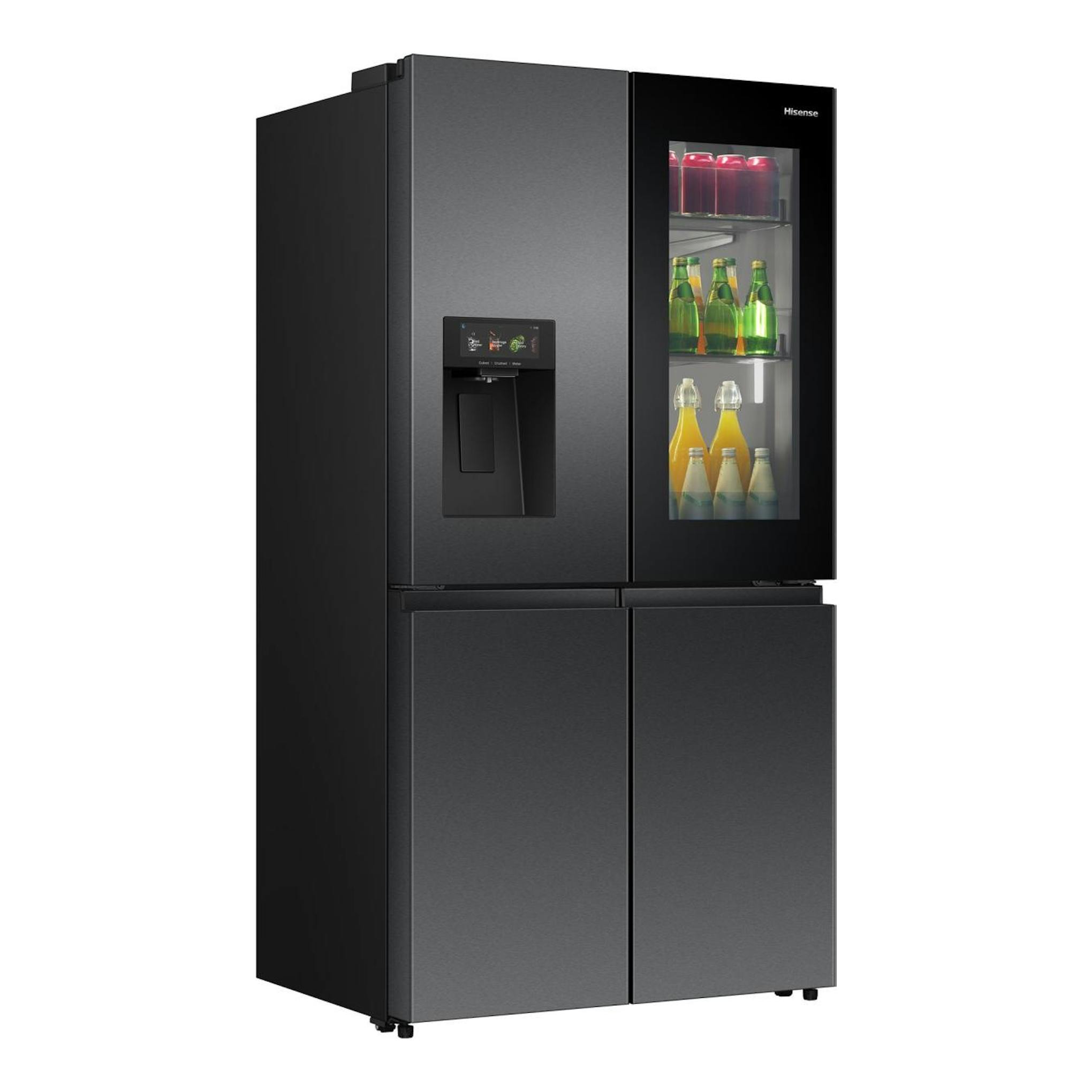 Frigorífico americano Hisense RQ600P7SKE negro, vista frontal, cuatro puertas con dispensador y panel en la puerta.