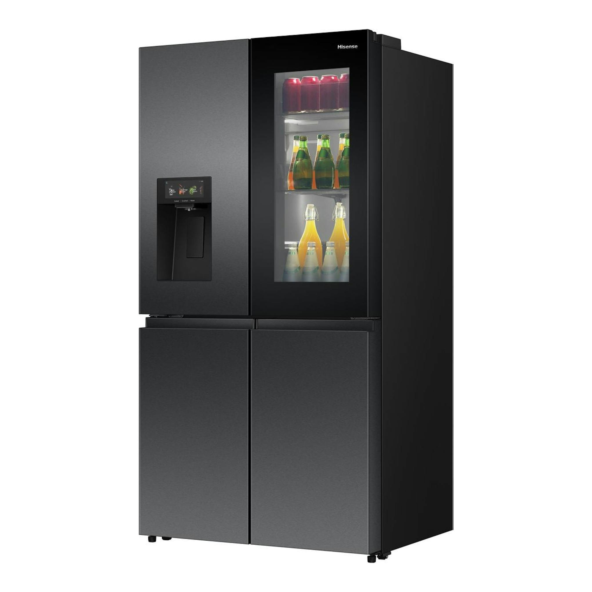 Frigorífico americano Hisense RQ600P7SKE negro, vista frontal en ángulo, cuatro puertas y dispensador.