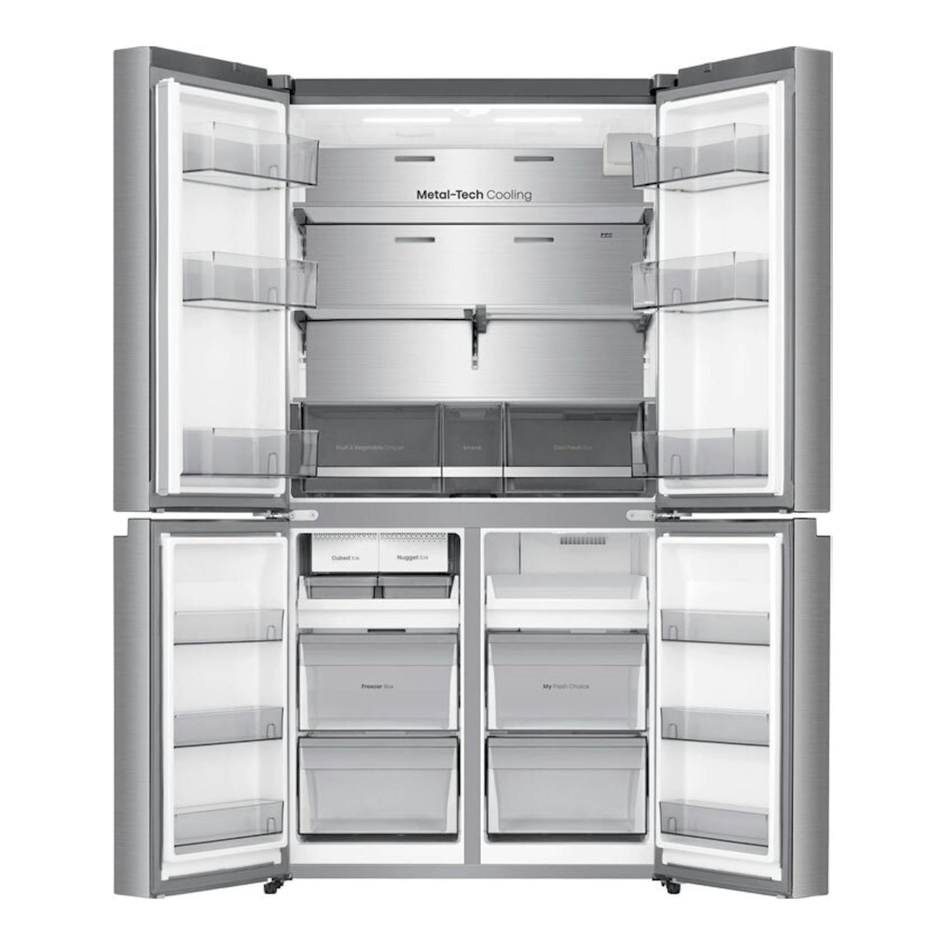 Frigorífico americano Hisense RQ640P5SSD inox, vista frontal con puertas abiertas y compartimentos interiores.