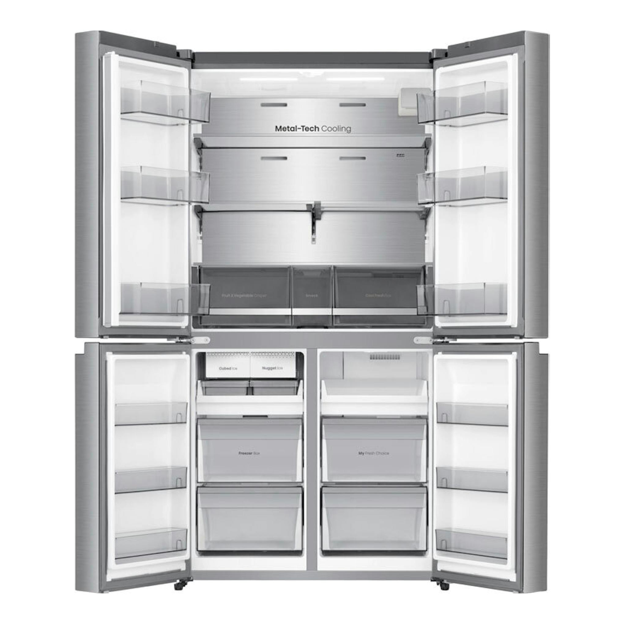 Frigorífico americano Hisense RQ640P5SSD inox, vista frontal con puertas abiertas y compartimentos interiores.