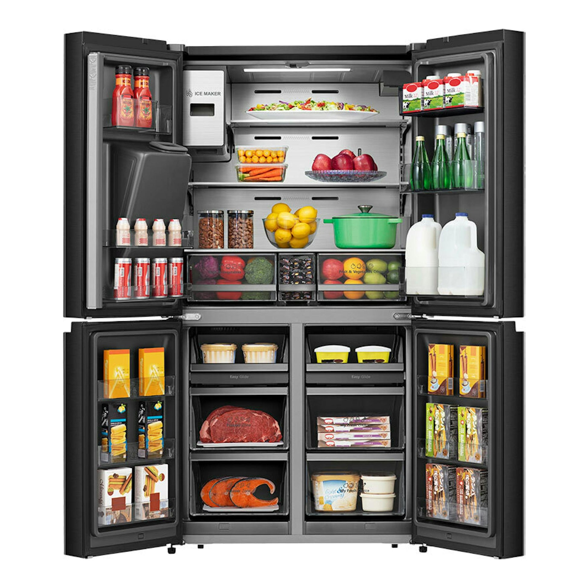 Frigorífico americano Hisense RQ760N4IFE negro, vista frontal, con puertas abiertas y cajones inferiores.