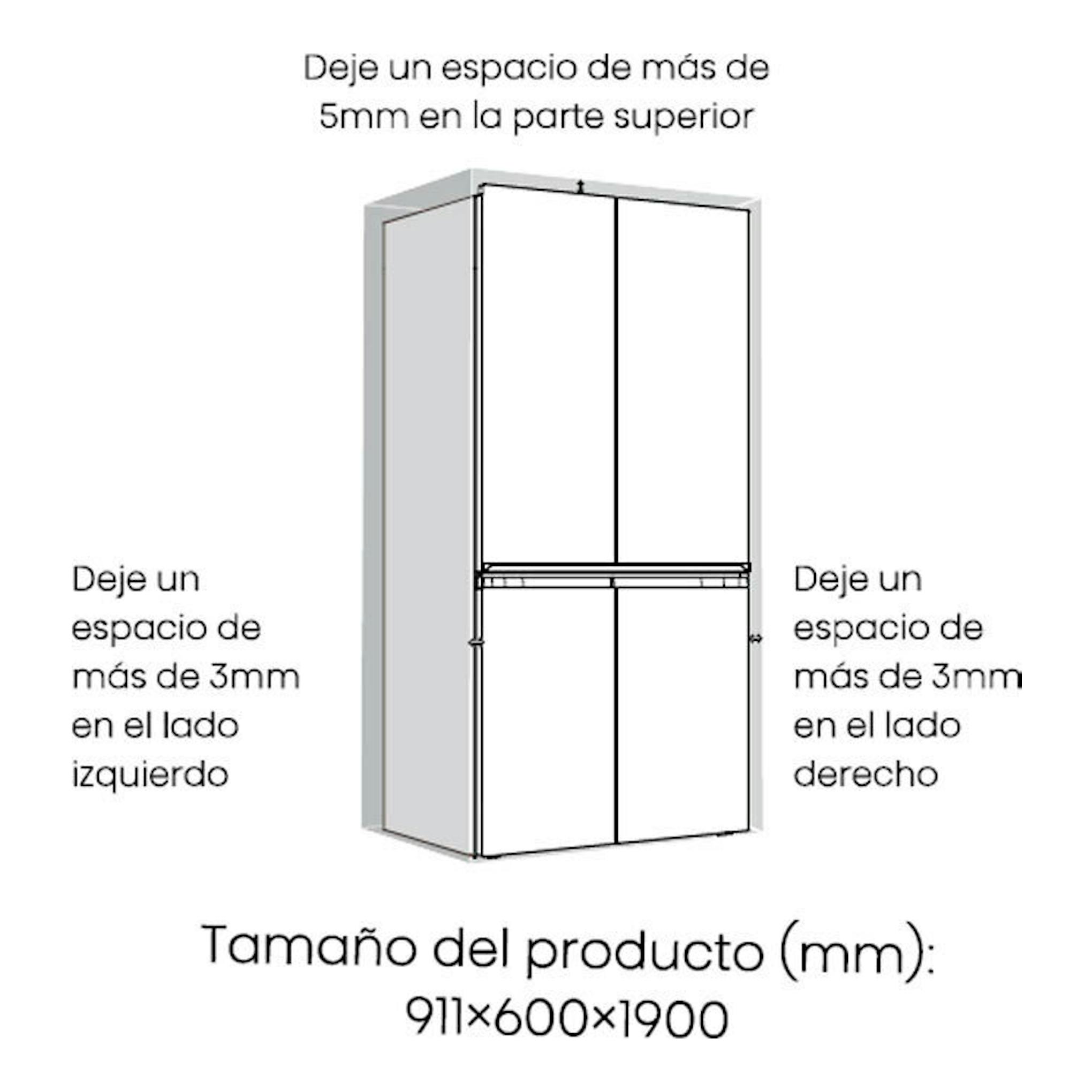 Esquema del frigorífico Hisense RQ768N4GBE negro, vista frontal, con medidas de hueco y separación.