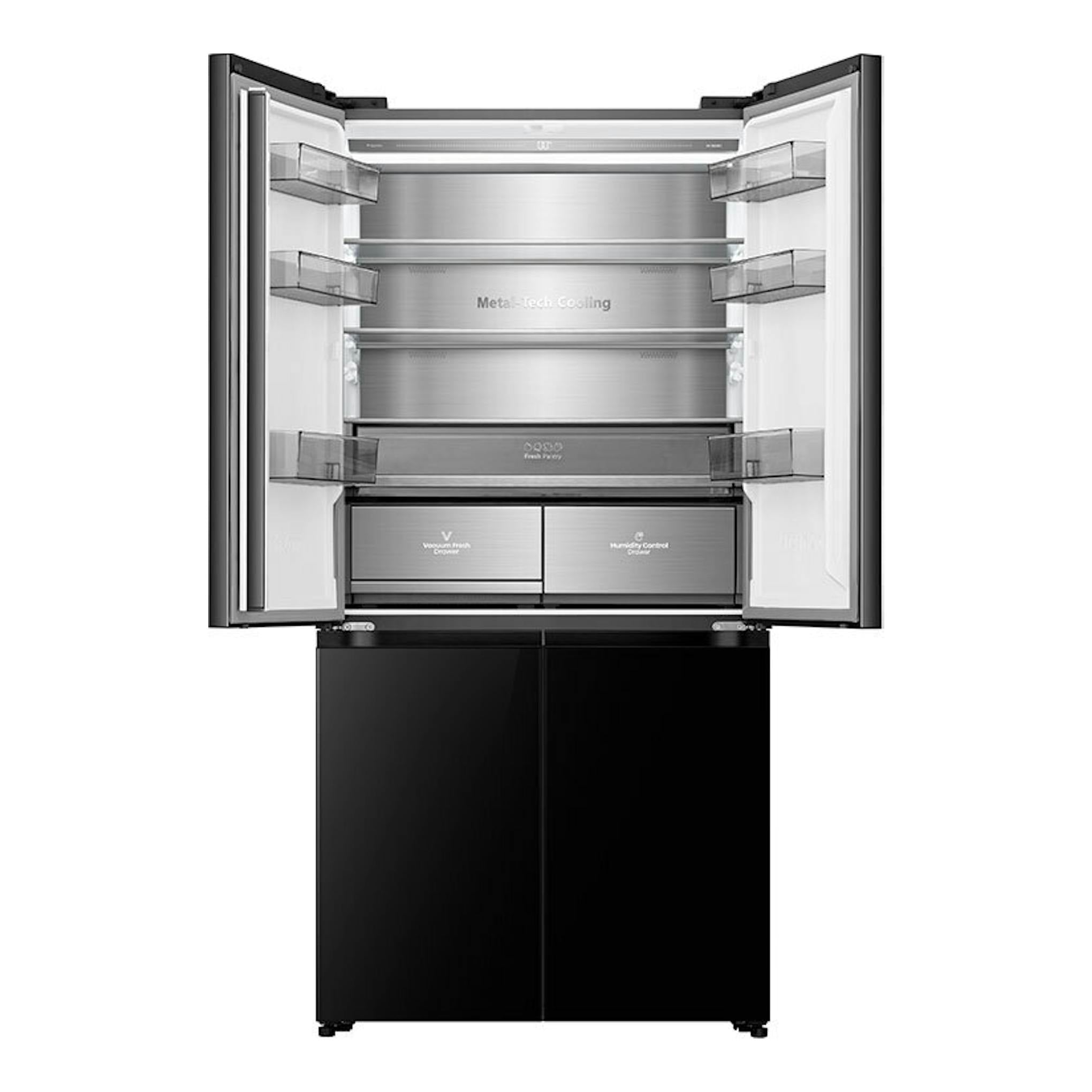 Frigorífico americano Hisense RQ768N4GBE, vista frontal, puertas abiertas, cristal negro e interior acero.