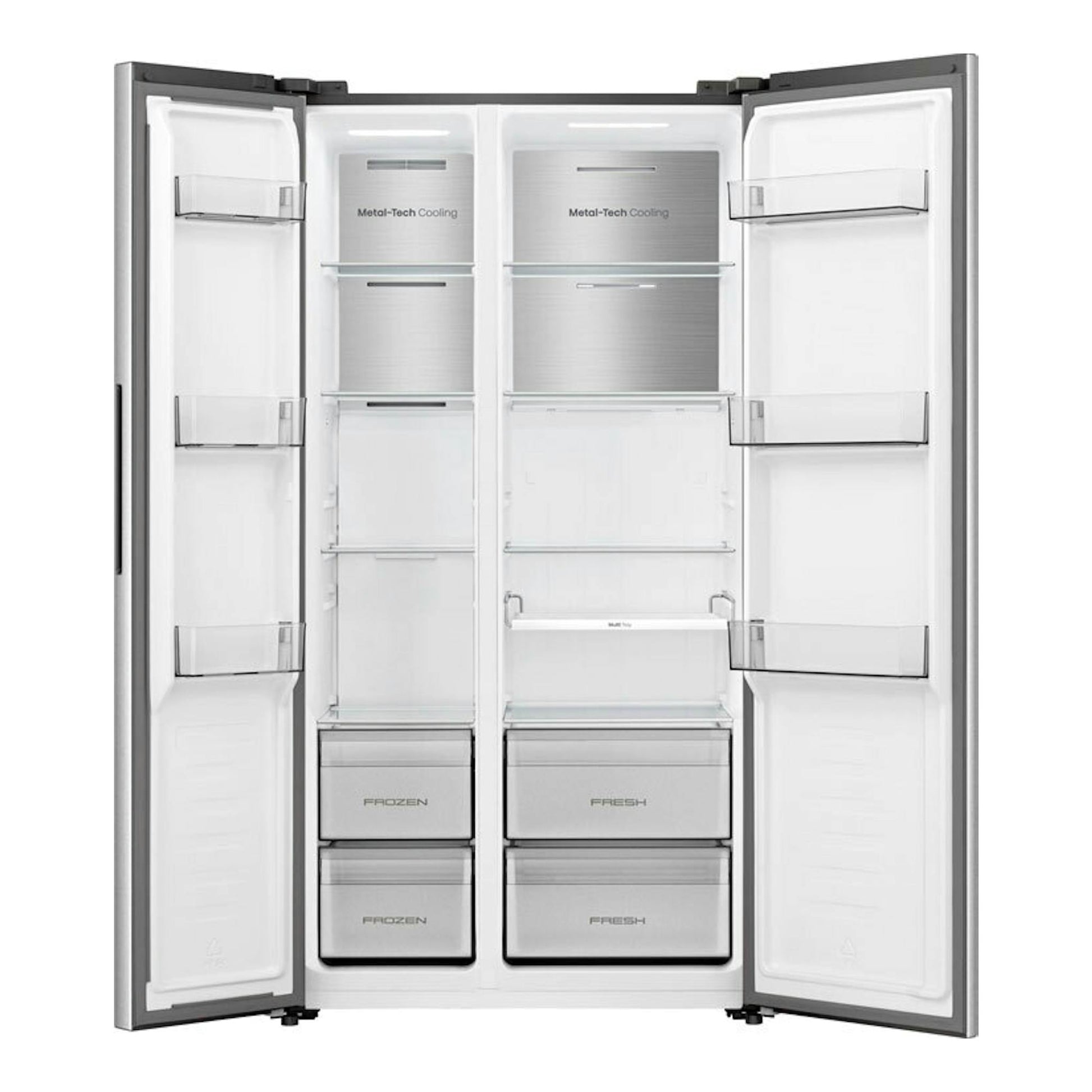 Frigorífico americano Hisense RS3P538NAIE inox, vista frontal con puertas abiertas.