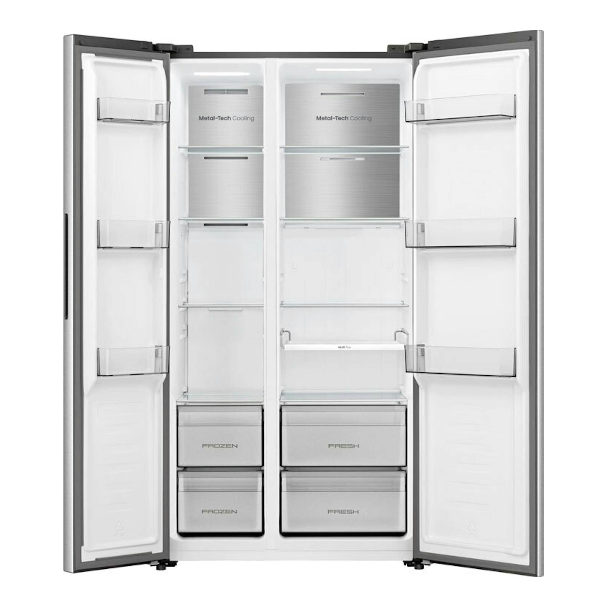 Frigorífico americano Hisense RS3P538NAIE inox, vista frontal con puertas abiertas.