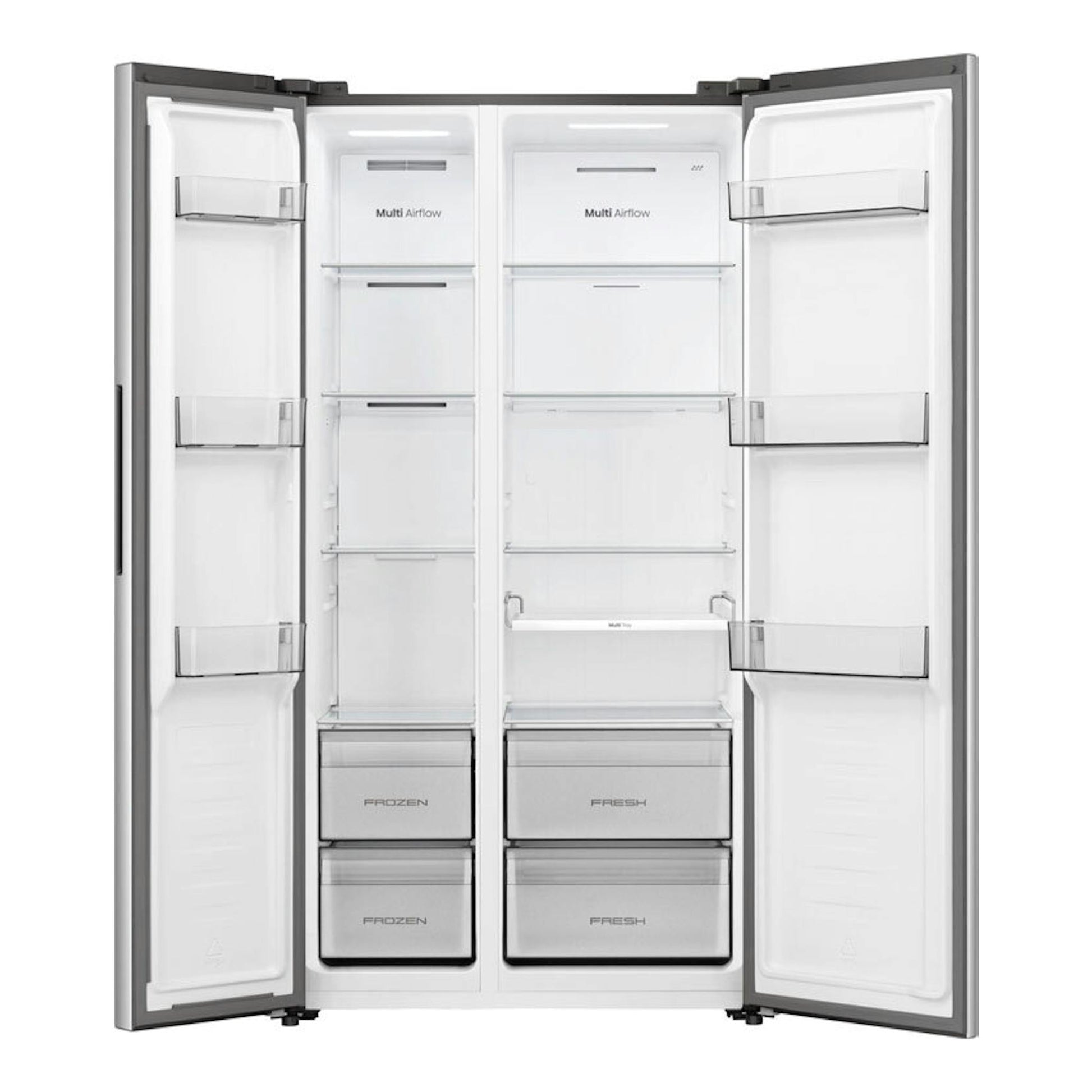 Hisense RS3P558NEIC inox, frigorífico americano abierto en vista frontal con compartimentos blancos.