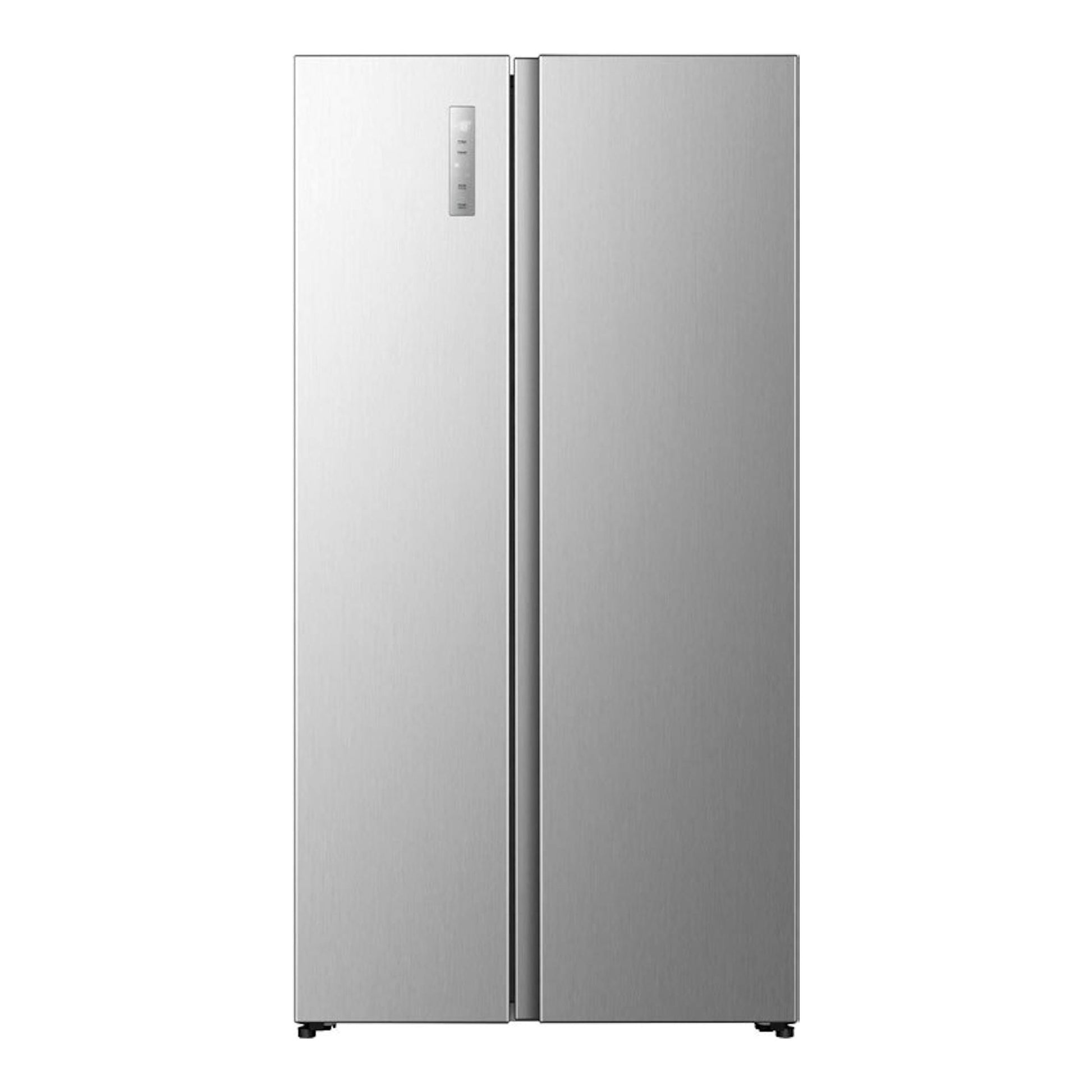 Frigorífico americano Hisense RS3P558NEIC inox, vista frontal, dos puertas plateadas con panel en la izquierda.