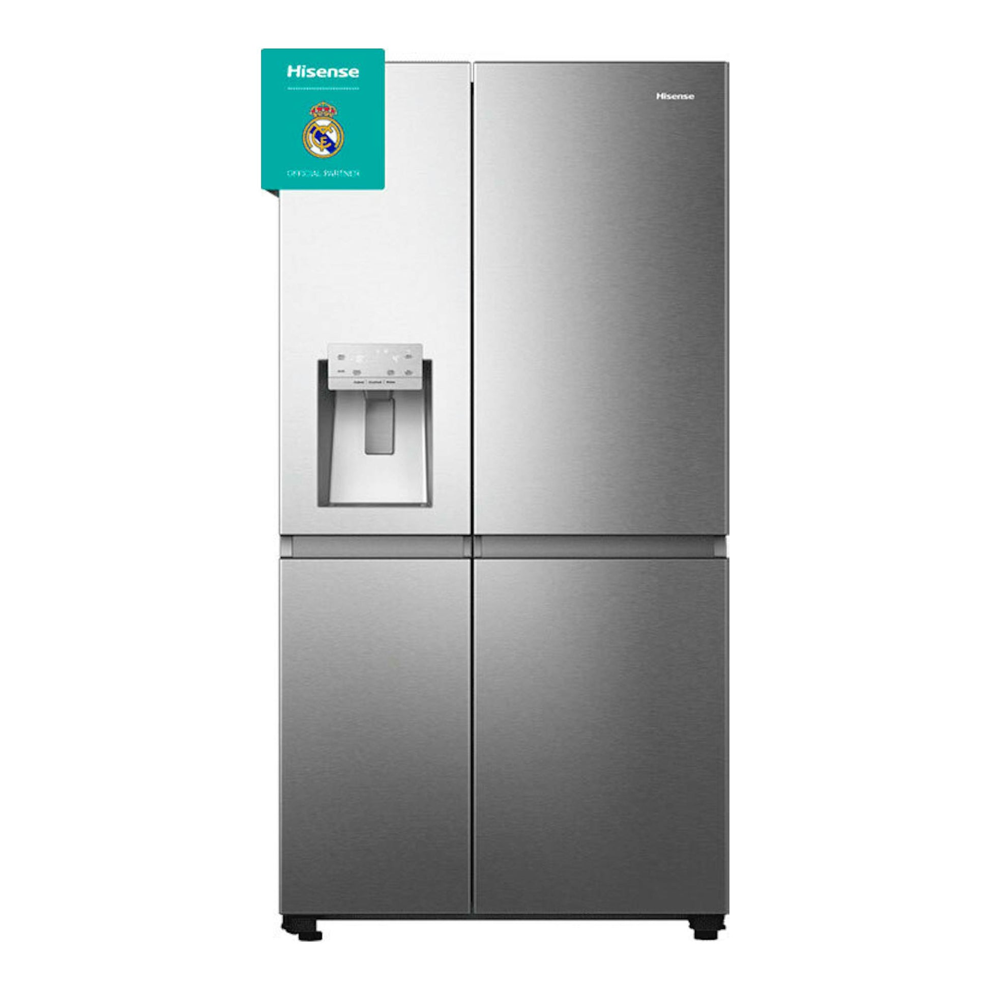 Frigorífico americano Hisense RS818N4IIE1 inox, vista frontal, cuatro puertas y dispensador de agua.