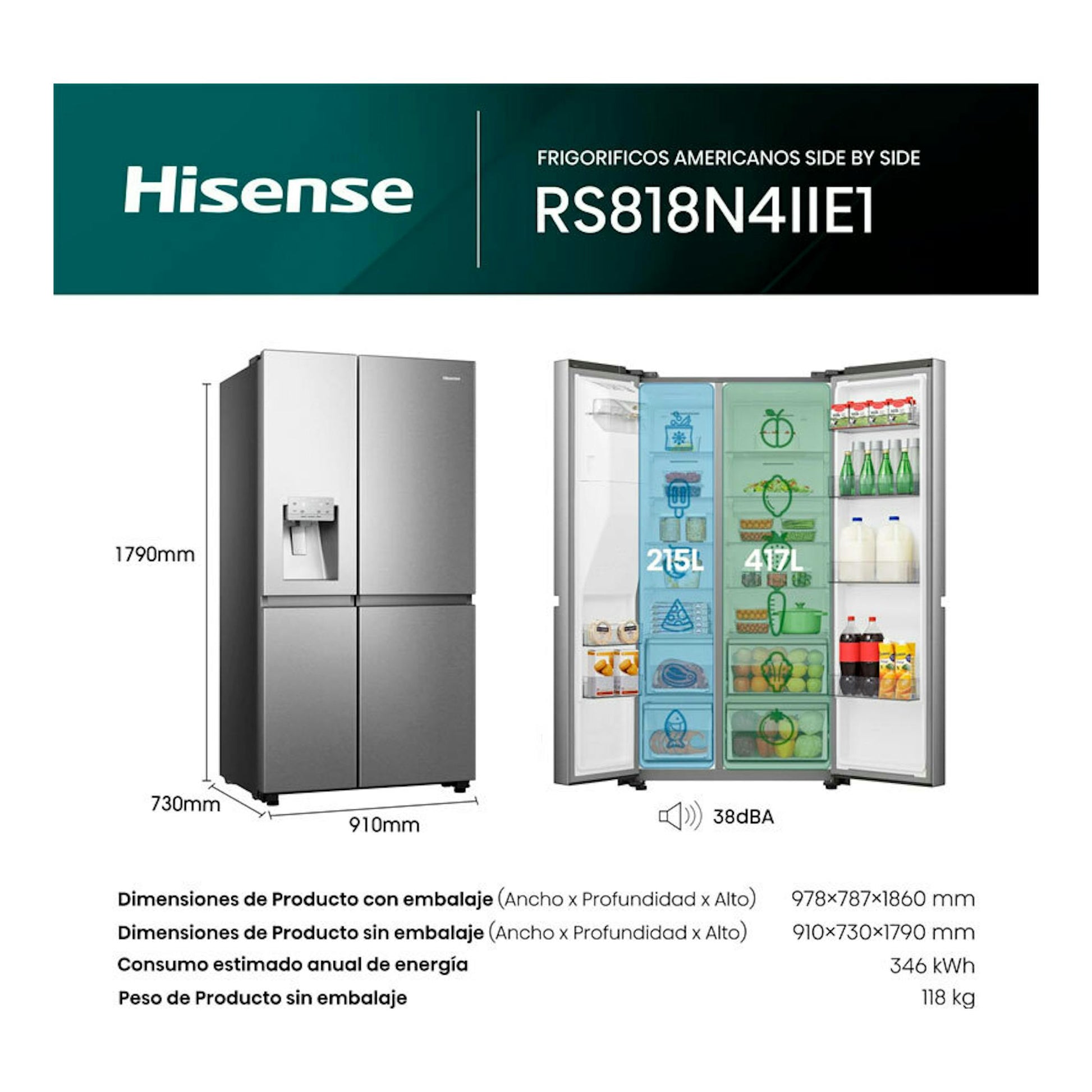 Frigorífico americano Hisense RS818N4IIE1 inox, vista frontal y puertas abiertas con interior visible.