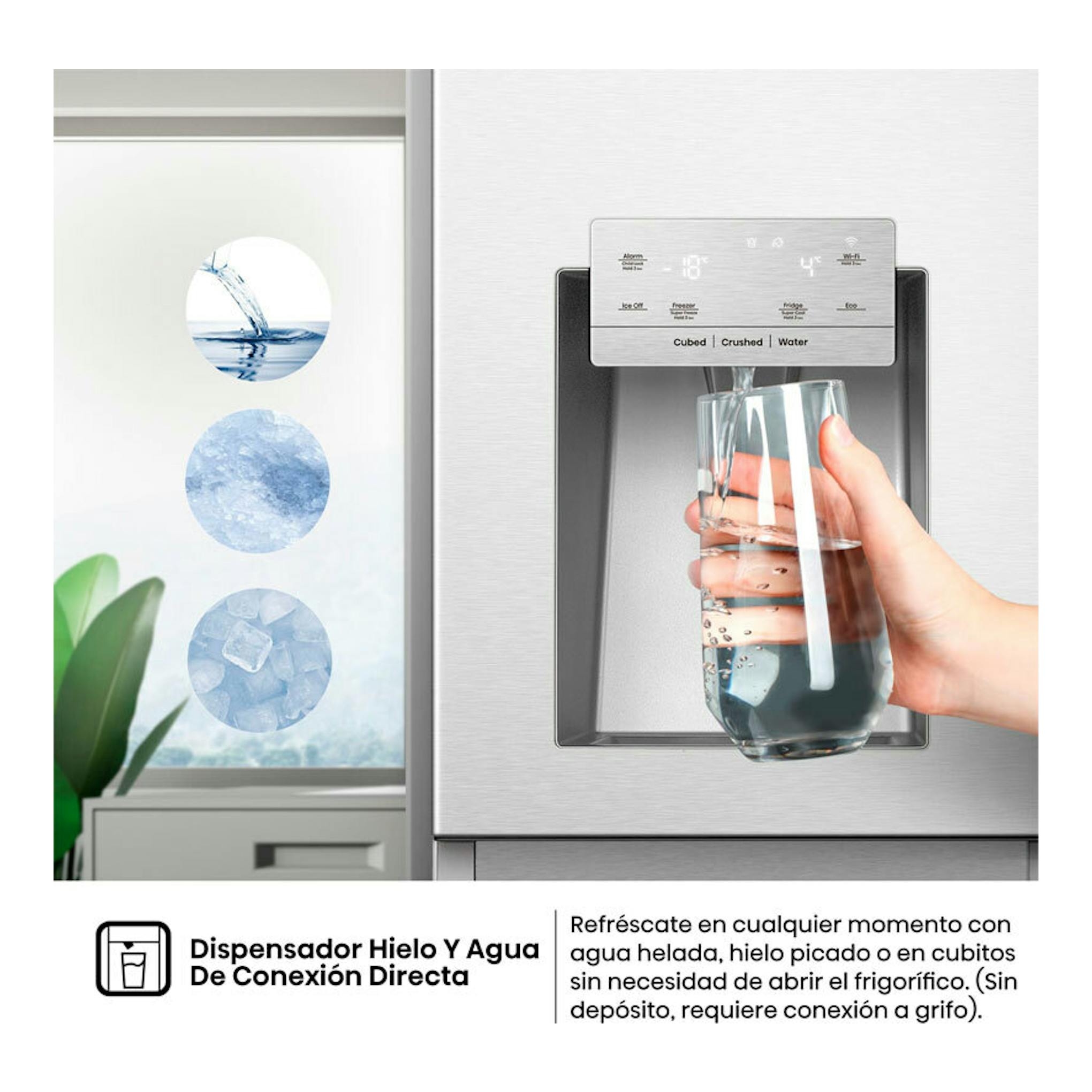 Frigorífico americano Hisense RS818N4IIE1 inox con dispensador de agua y hielo en la puerta, vista frontal.