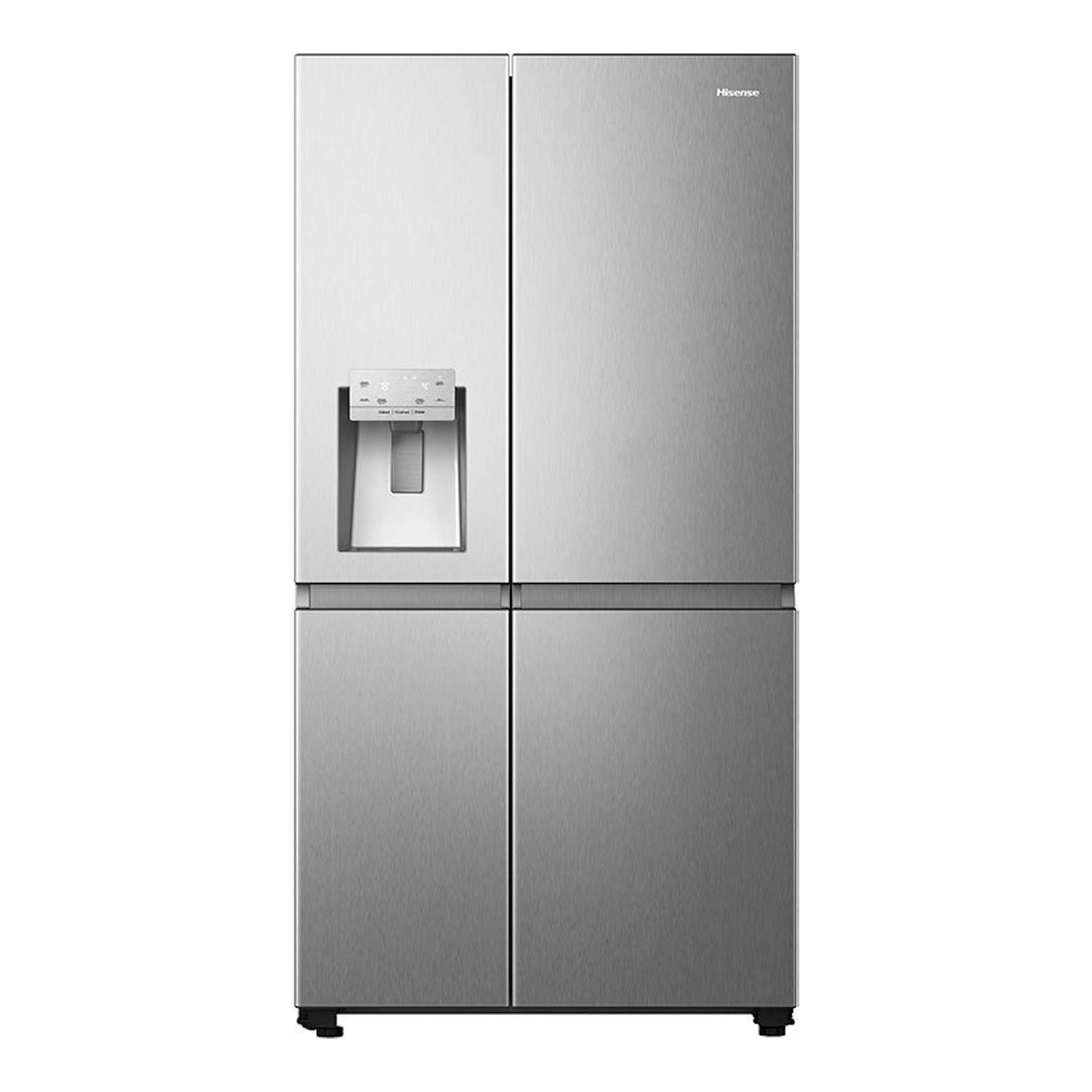 Frigorífico americano Hisense RS818N4TIC en inox, vista frontal, cuatro puertas con dispensador de agua.