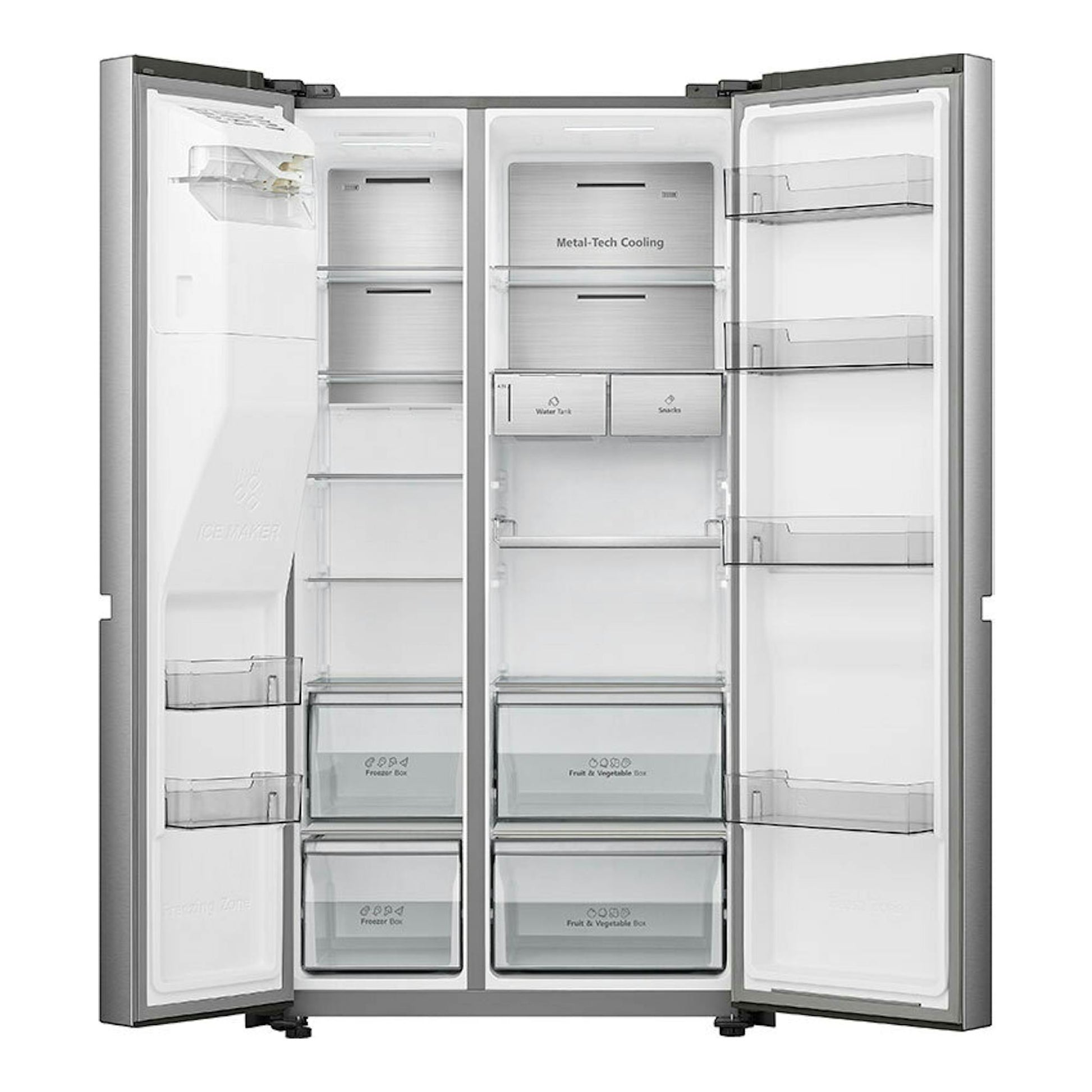 Frigorífico americano Hisense RS818N4TIC inox, vista frontal con las dos puertas abiertas y estantes vacíos.