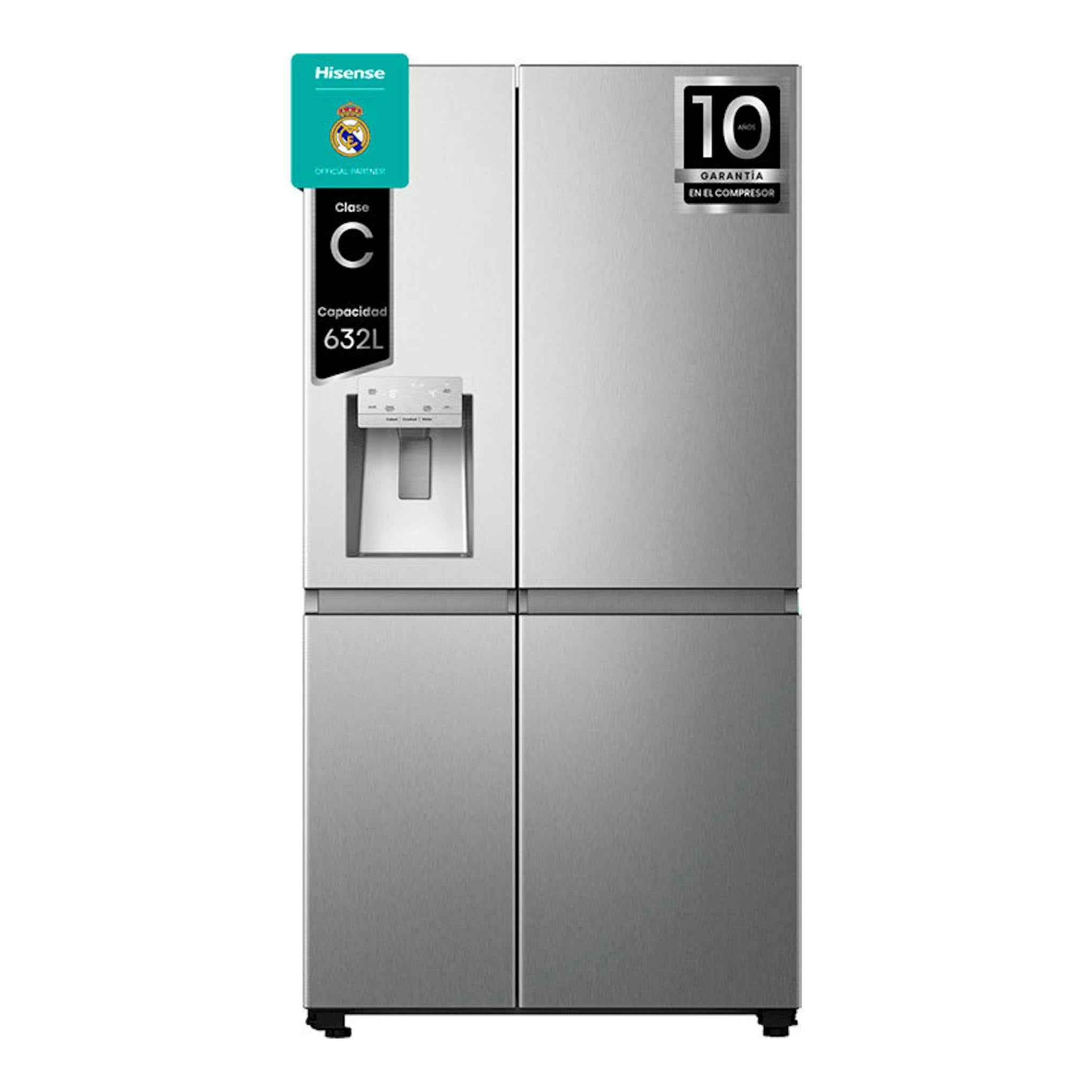 Frigorífico americano Hisense RS818N4TIC1 inox, vista frontal, con dispensador de agua y cuatro puertas.