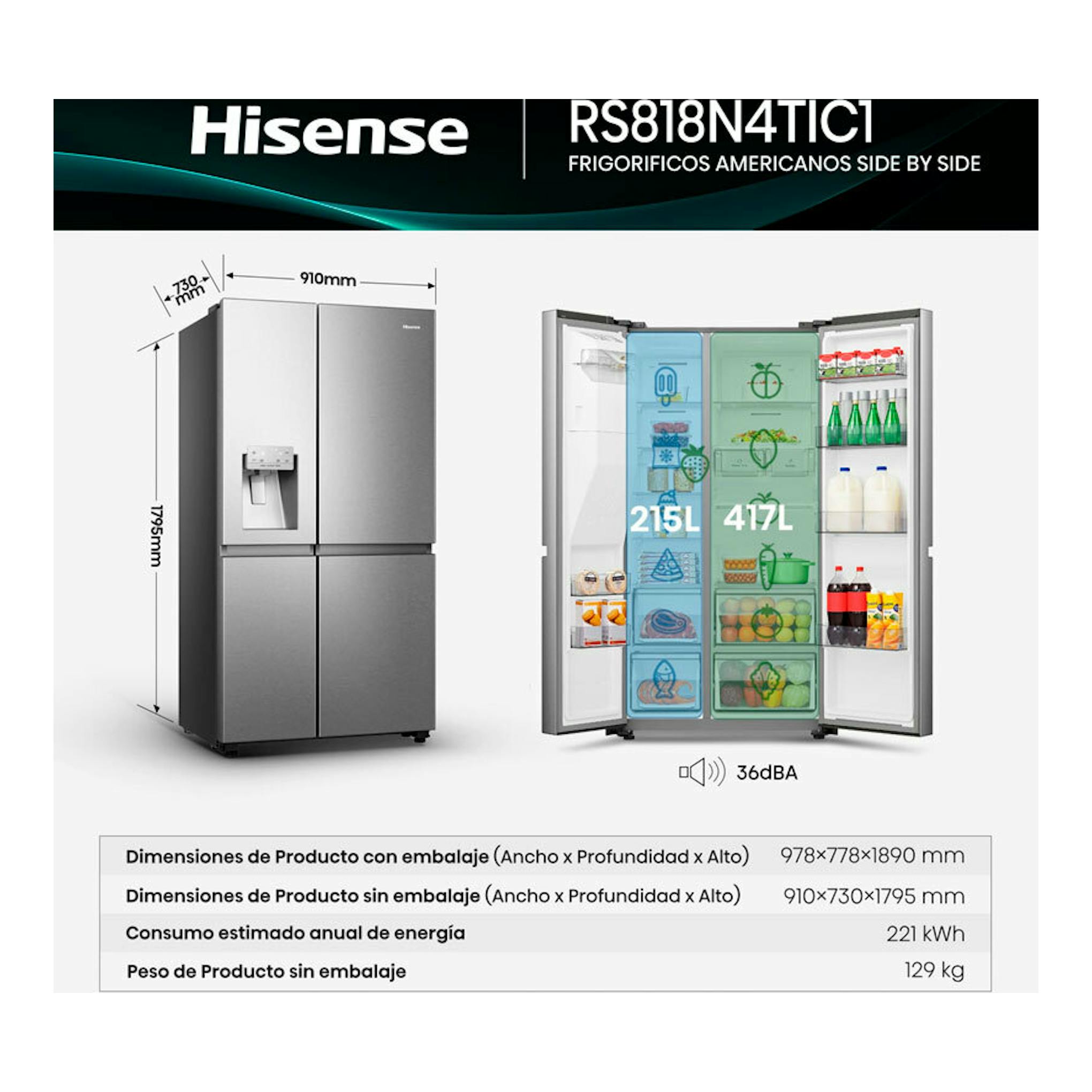 Hisense RS818N4TIC1, frigorífico americano side by side inox, frontal y abierto con compartimentos visibles.