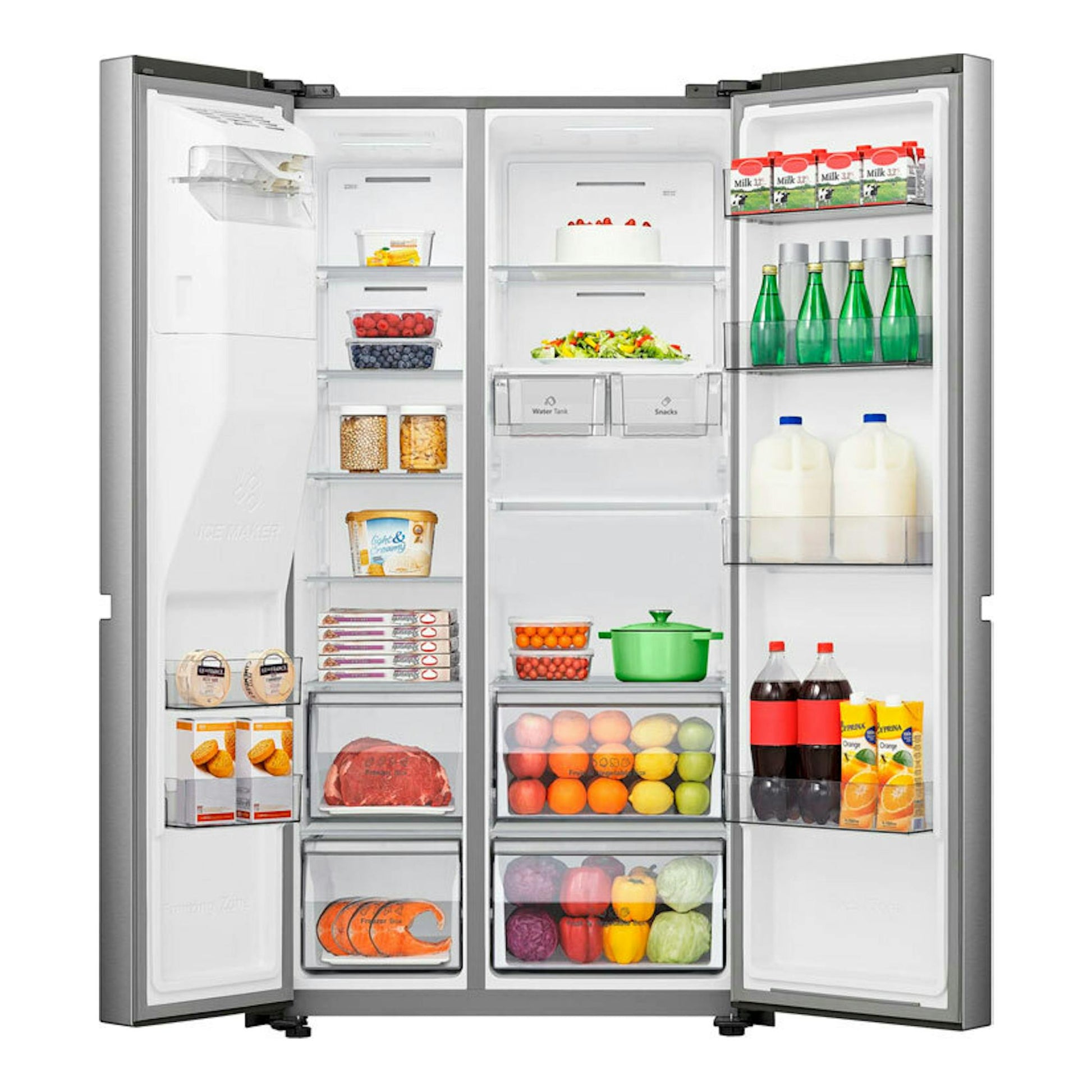 Frigorífico americano Hisense RS818N4TIC1 inox, vista frontal abierta, con alimentos en estantes y cajones.