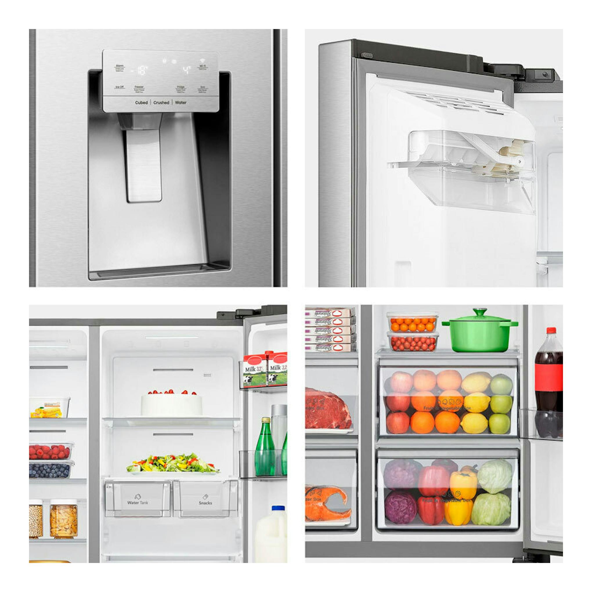 Frigorífico americano Hisense RS818N4TIC1 inox, vista frontal con dispensador y puertas abiertas.